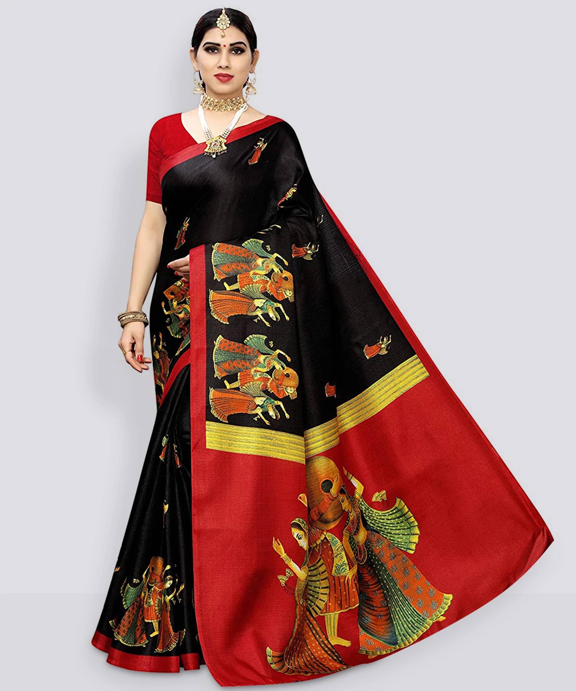 Yashika Art Silk Printed Regular Saree With Unstitched Blouse Piece ( Black ) Yashika Art Silk Printed Regular Saree With Unstitched Blouse Piece ( Black )