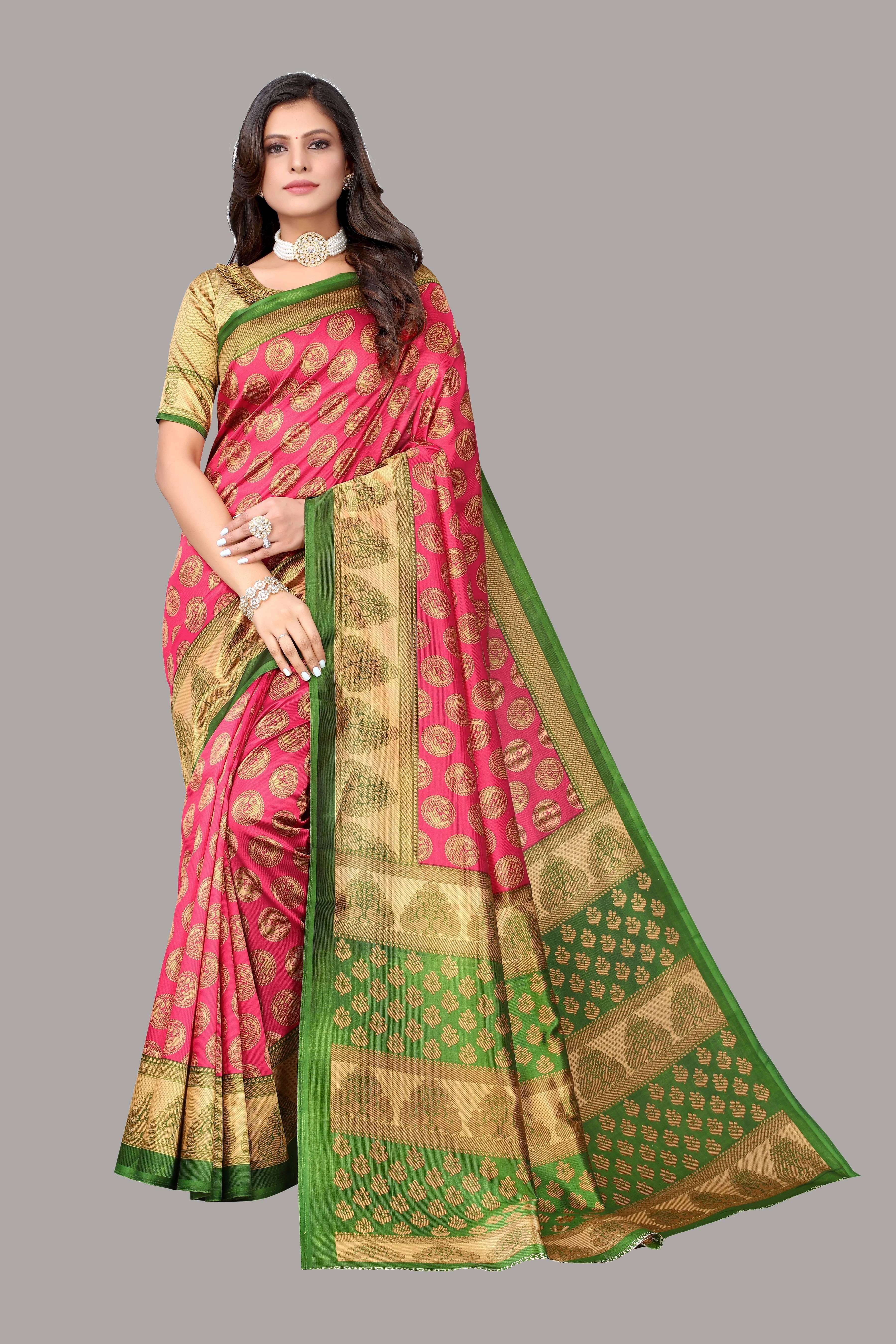 Yashika Art Silk Printed Regular Saree With Unstitched Blouse Piece ( Pink )     			Yashika Art Silk Printed Regular Saree With Unstitched Blouse Piece ( Pink )