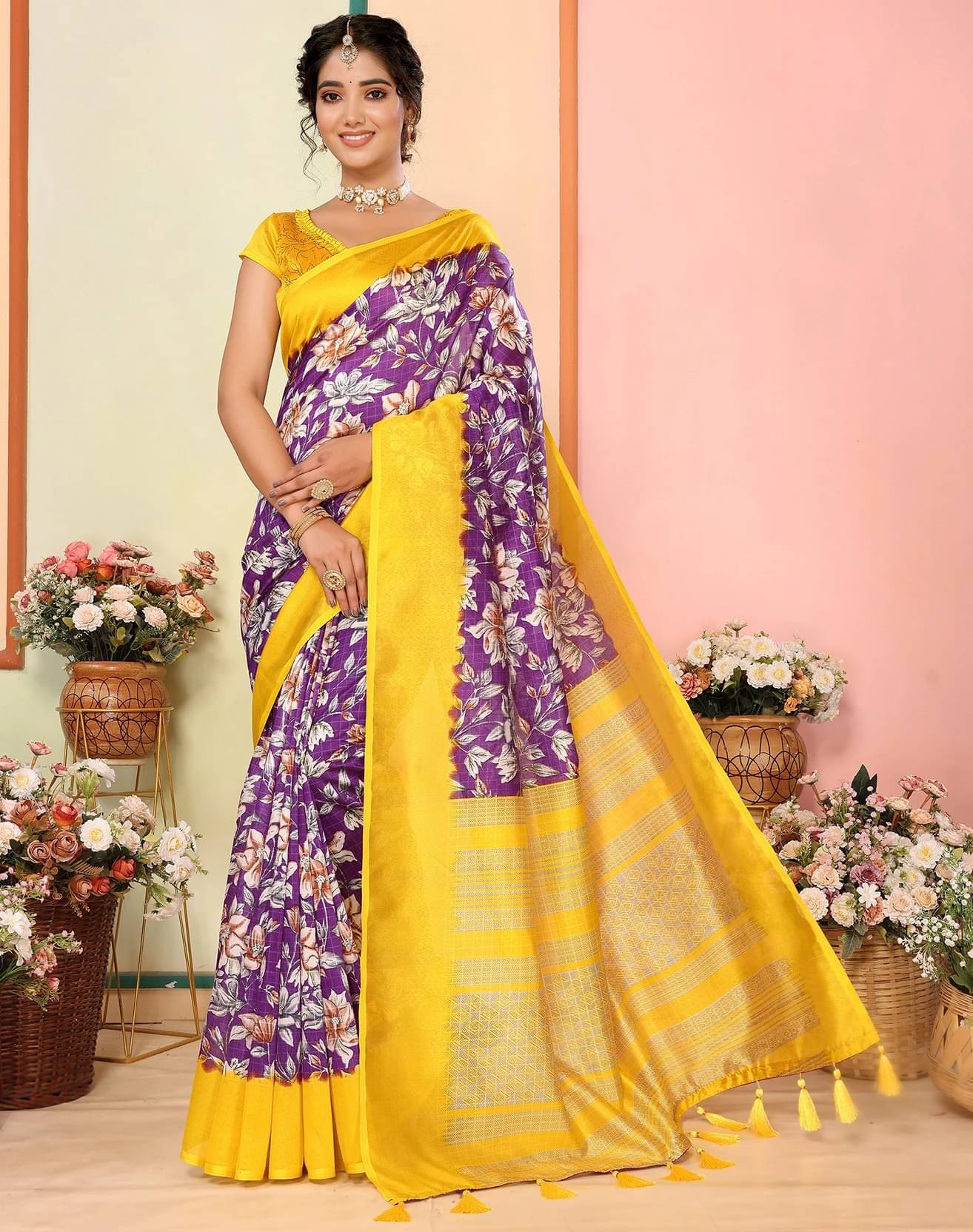     			Yashika Art Silk Printed Regular Saree With Unstitched Blouse Piece ( Purple )