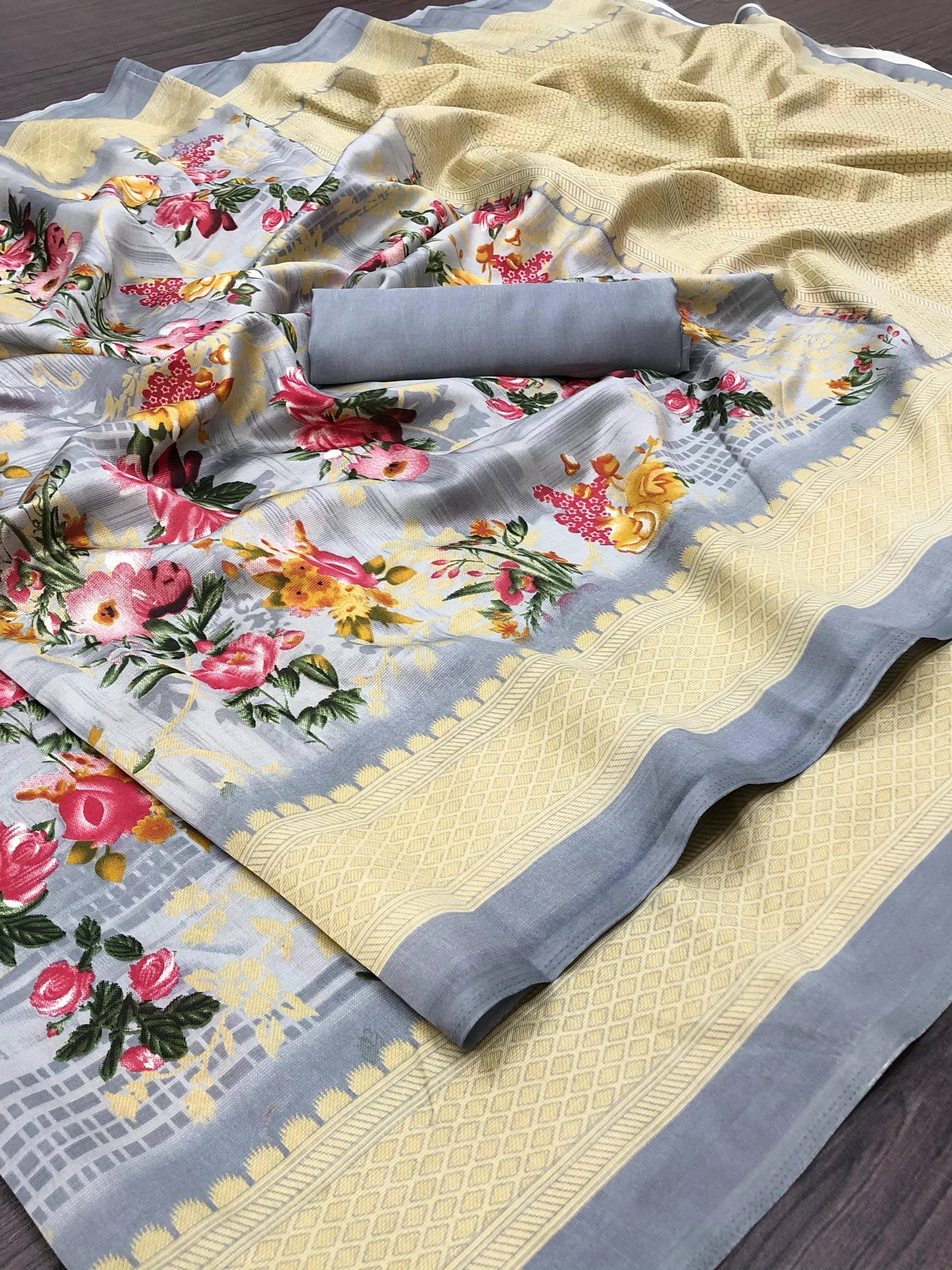     			Yashika Art Silk Printed Regular Saree With Unstitched Blouse Piece ( Grey )
