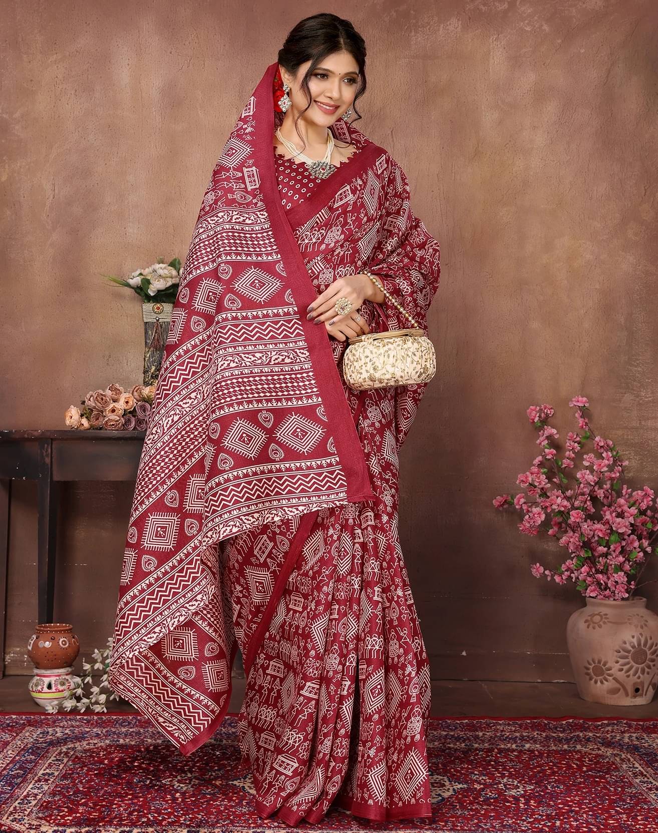     			Yashika Art Silk Printed Regular Saree With Unstitched Blouse Piece ( Maroon )