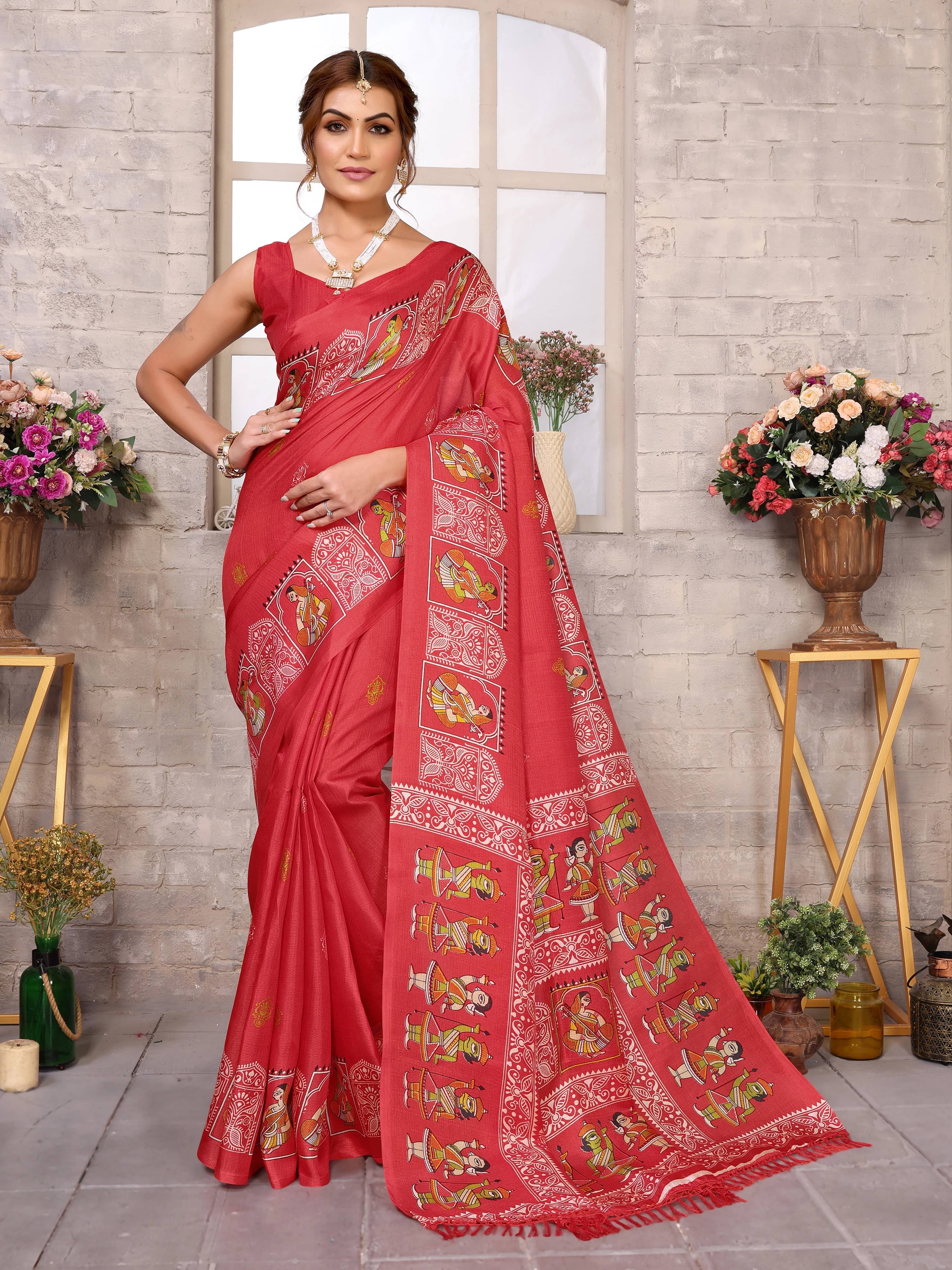     			Yashika Art Silk Printed Regular Saree With Unstitched Blouse Piece ( Red )