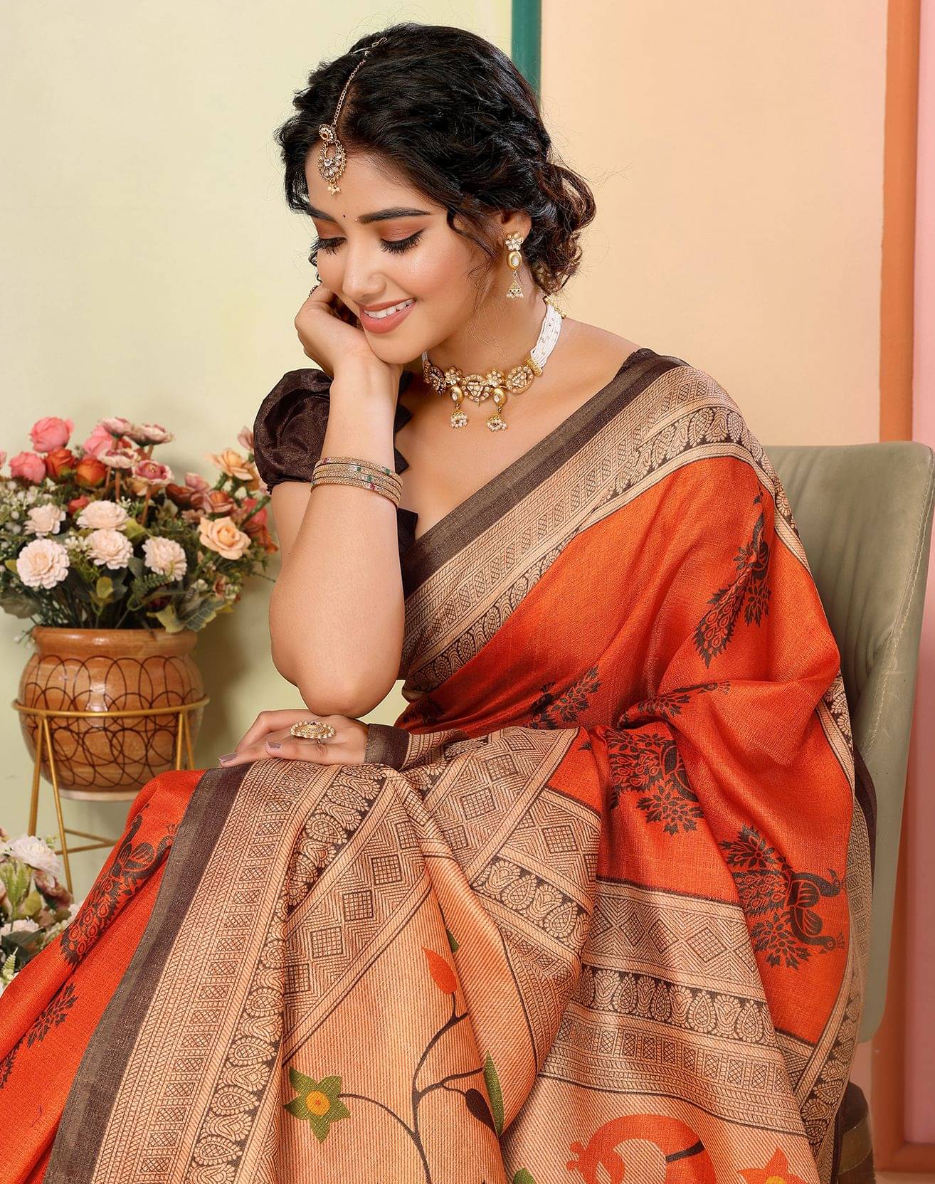     			Yashika Art Silk Printed Regular Saree With Unstitched Blouse Piece ( Orange )
