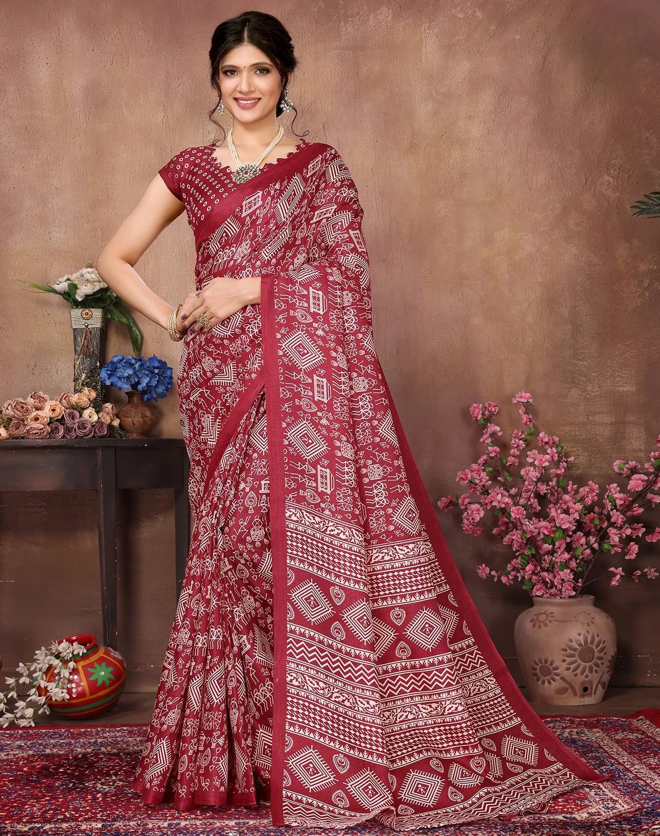     			Yashika Art Silk Printed Regular Saree With Unstitched Blouse Piece ( Maroon )