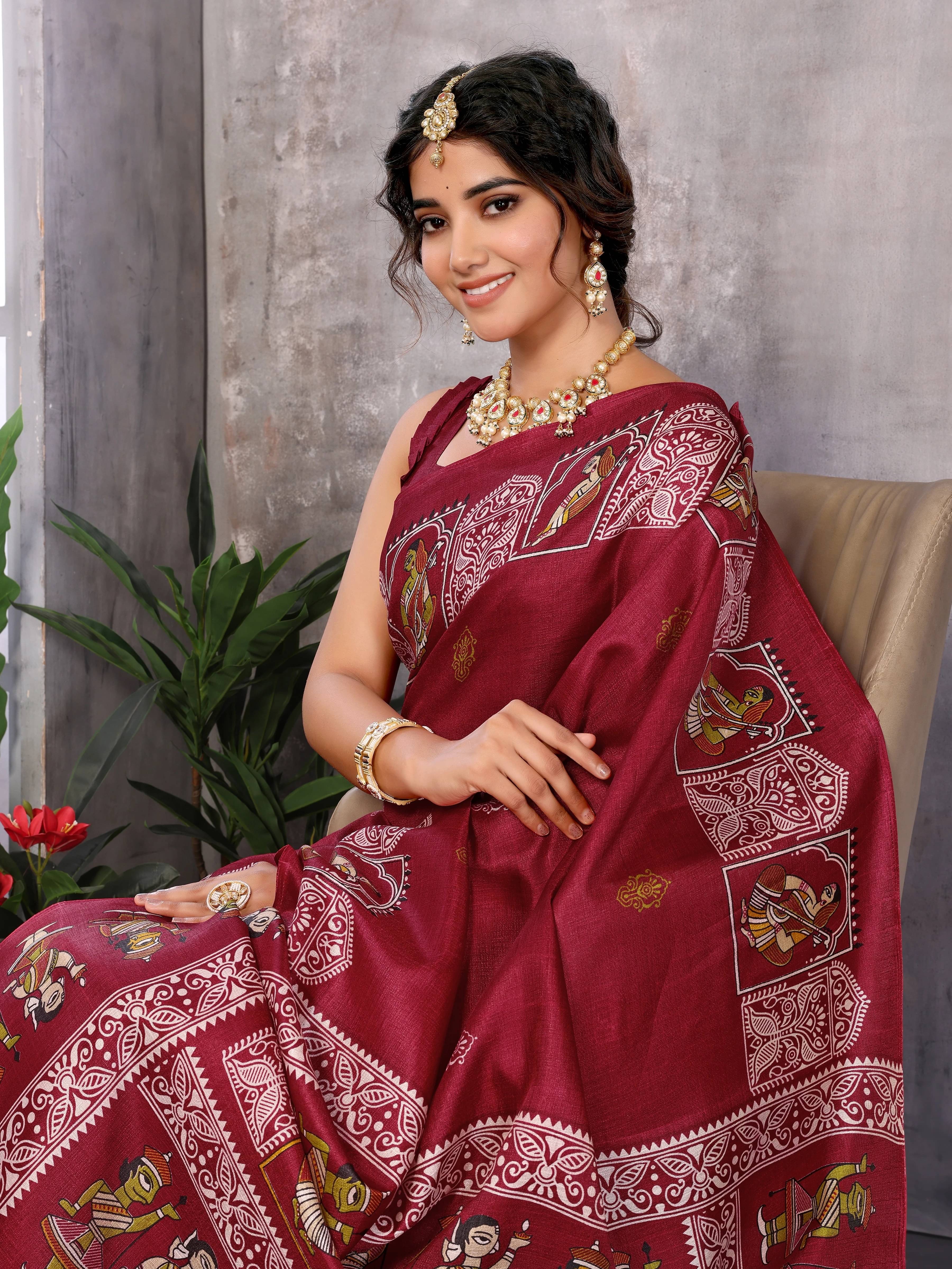 Yashika Art Silk Printed Regular Saree With Unstitched Blouse Piece ( Maroon )     			Yashika Art Silk Printed Regular Saree With Unstitched Blouse Piece ( Maroon )