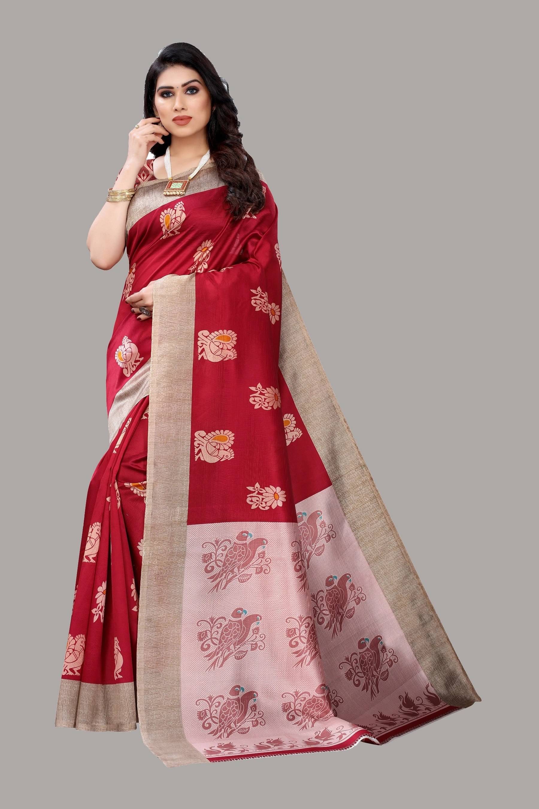     			Yashika Art Silk Printed Regular Saree With Unstitched Blouse Piece ( Red )