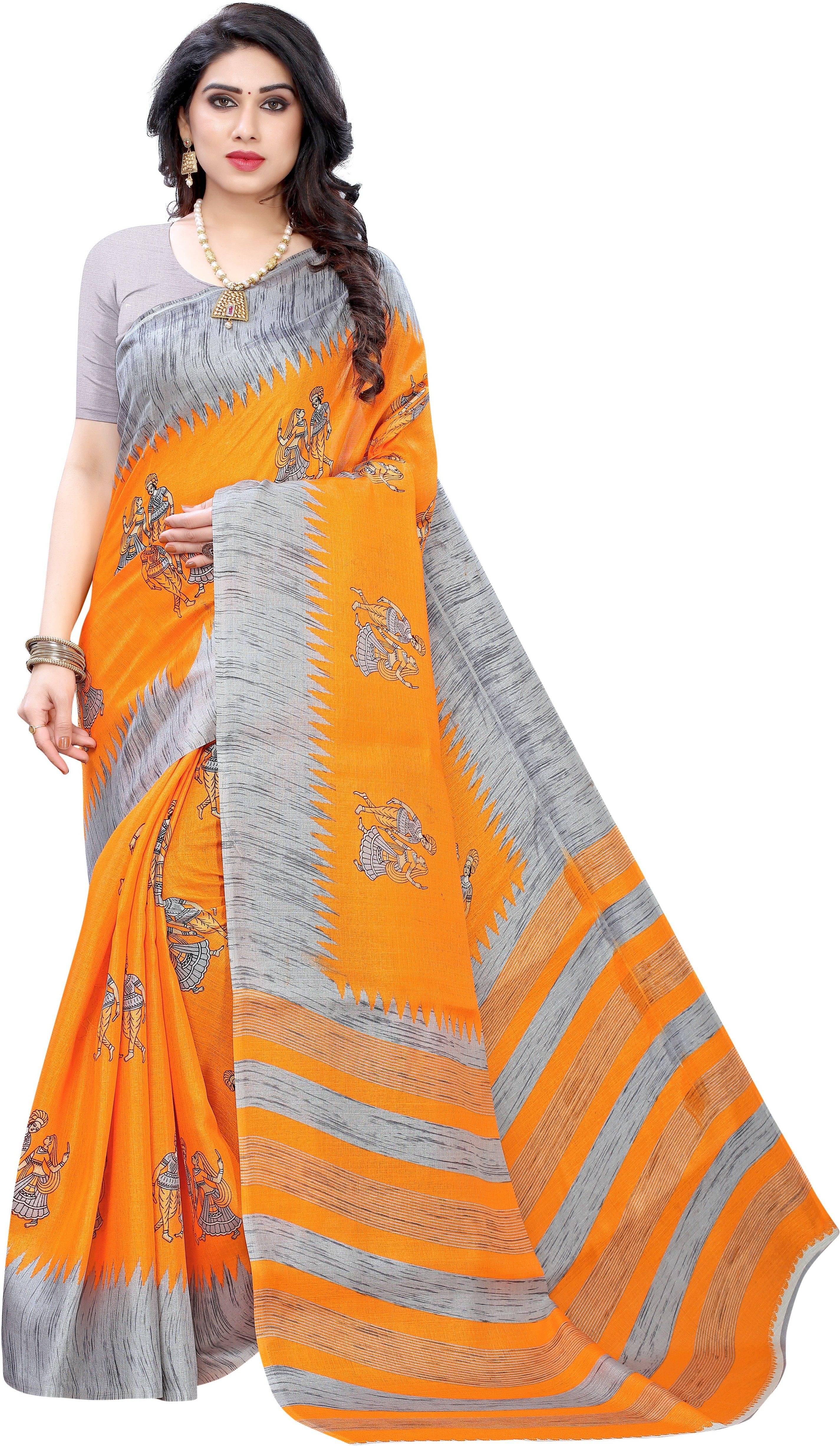 Yashika Art Silk Printed Regular Saree With Unstitched Blouse Piece ( Orange )     			Yashika Art Silk Printed Regular Saree With Unstitched Blouse Piece ( Orange )