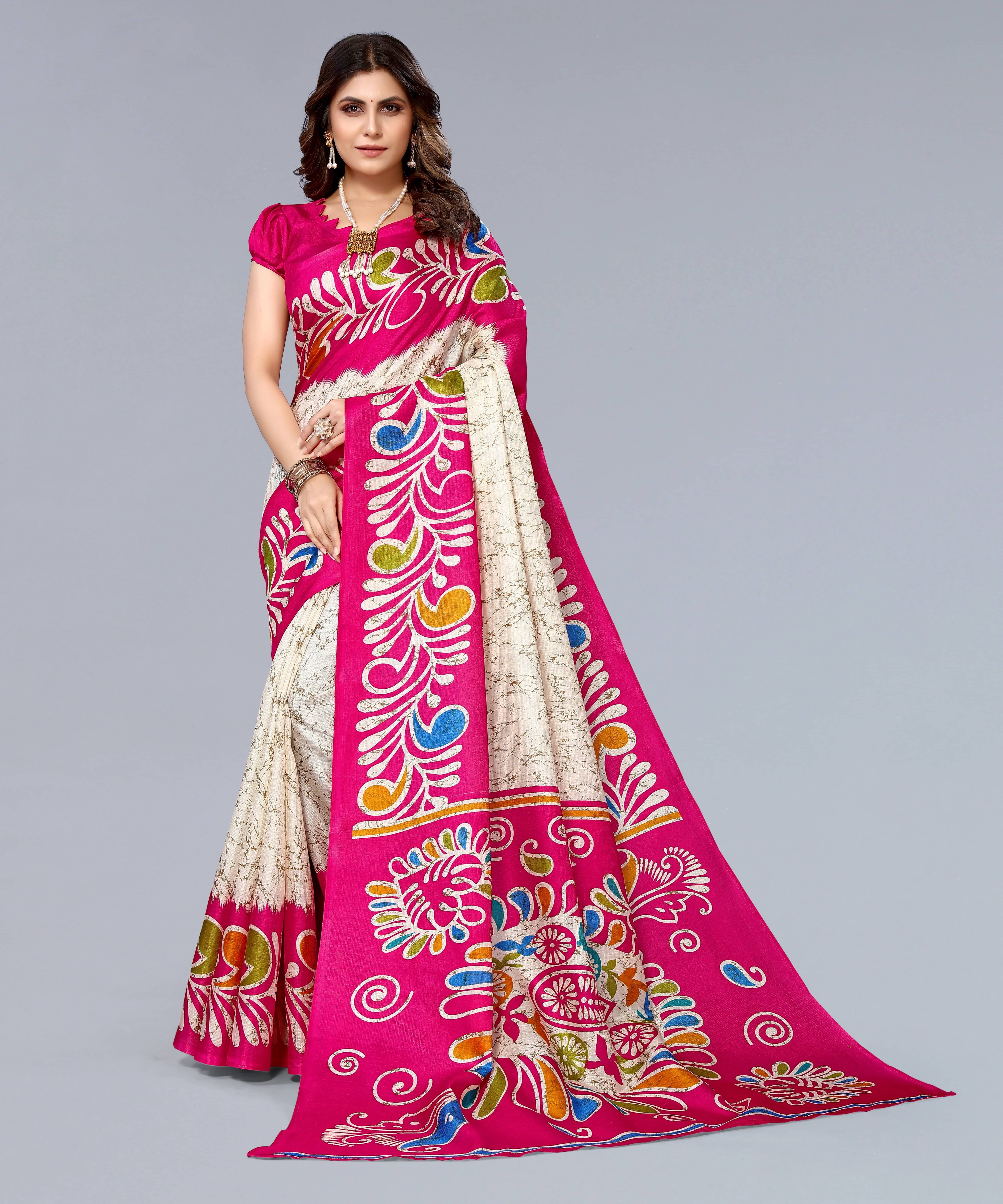 Yashika Art Silk Printed Regular Saree With Unstitched Blouse Piece ( Pink ) Yashika Art Silk Printed Regular Saree With Unstitched Blouse Piece ( Pink )