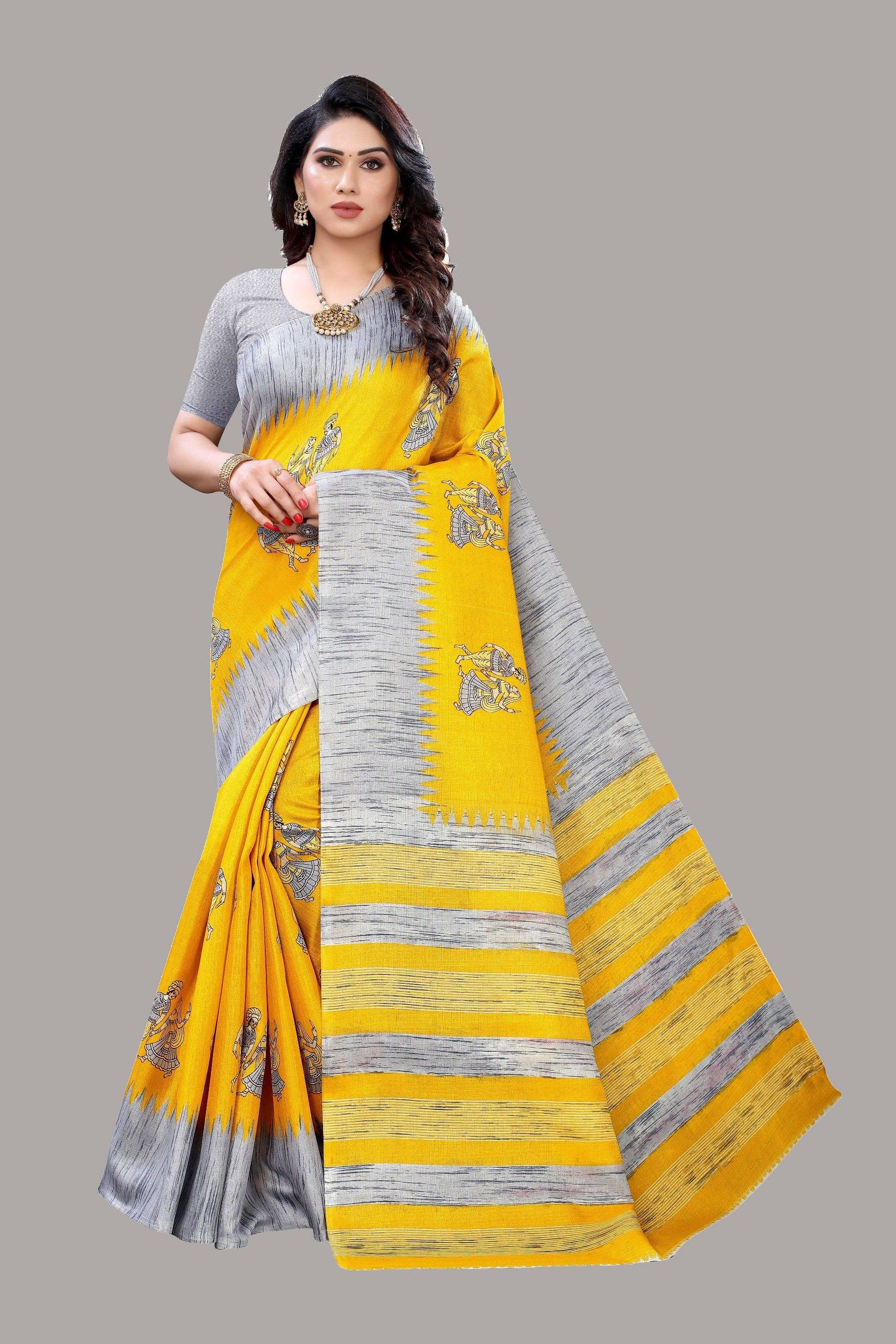     			Yashika Art Silk Printed Regular Saree With Unstitched Blouse Piece ( Yellow )