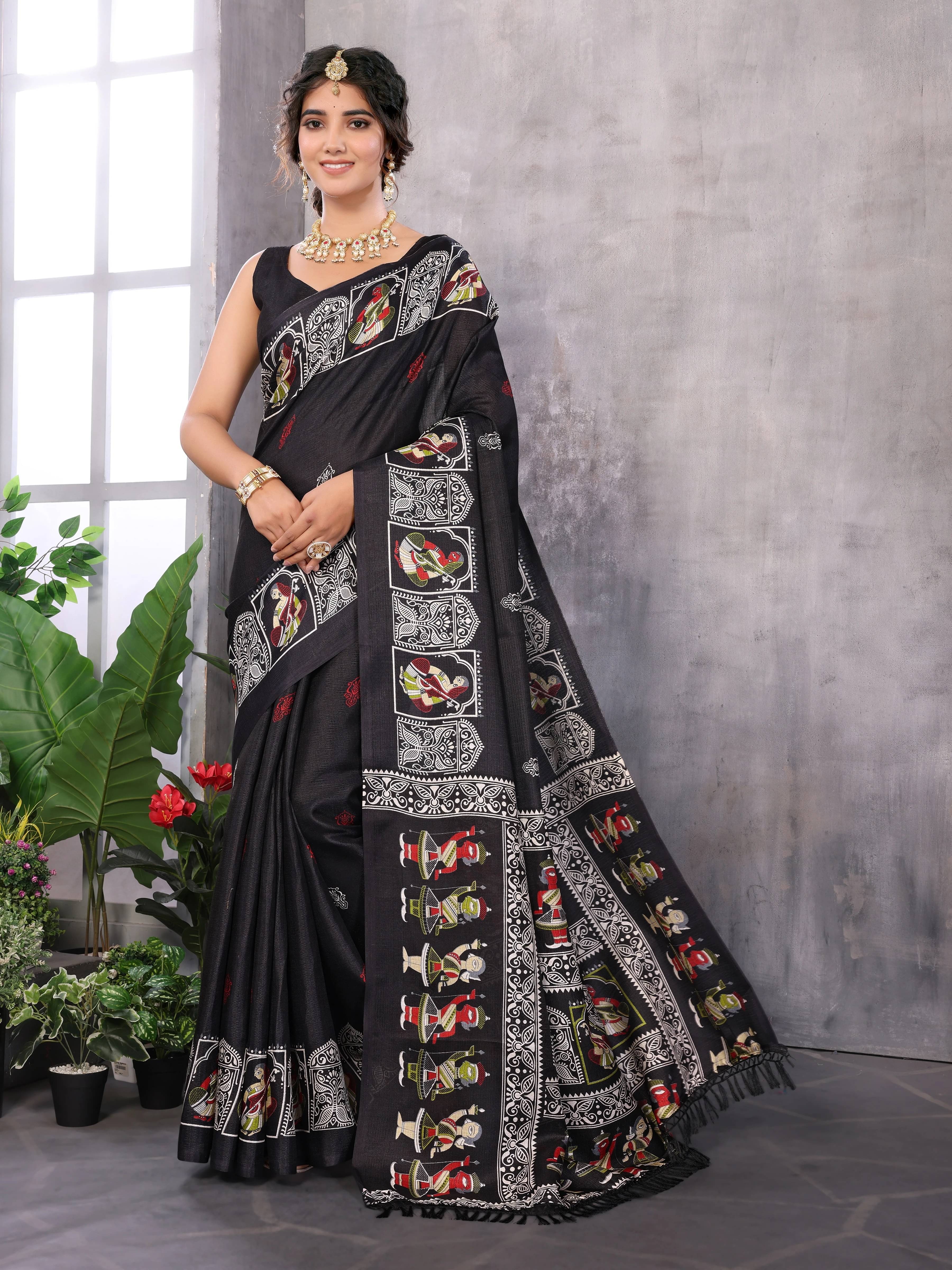     			Yashika Art Silk Printed Regular Saree With Unstitched Blouse Piece ( Black )