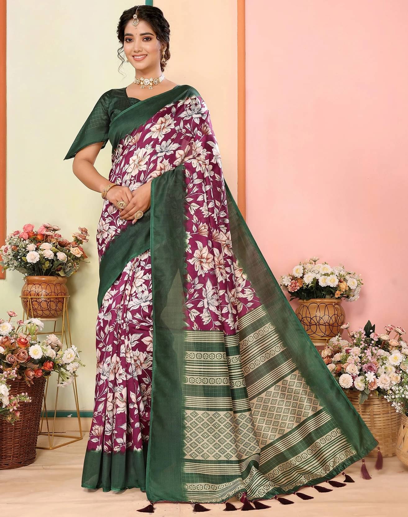     			Yashika Art Silk Printed Regular Saree With Unstitched Blouse Piece ( Purple )