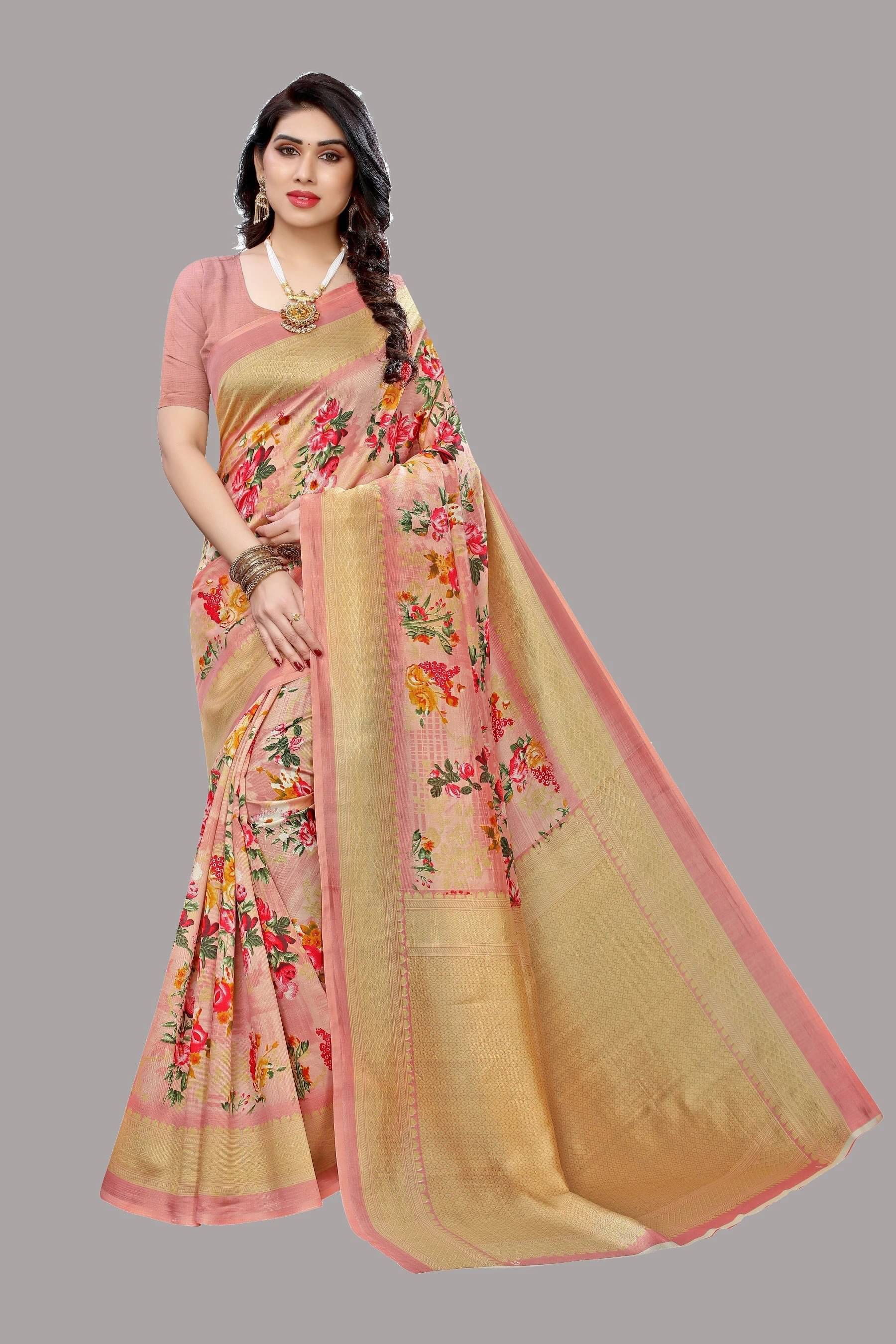 Yashika Art Silk Printed Regular Saree With Unstitched Blouse Piece ( Pink )     			Yashika Art Silk Printed Regular Saree With Unstitched Blouse Piece ( Pink )