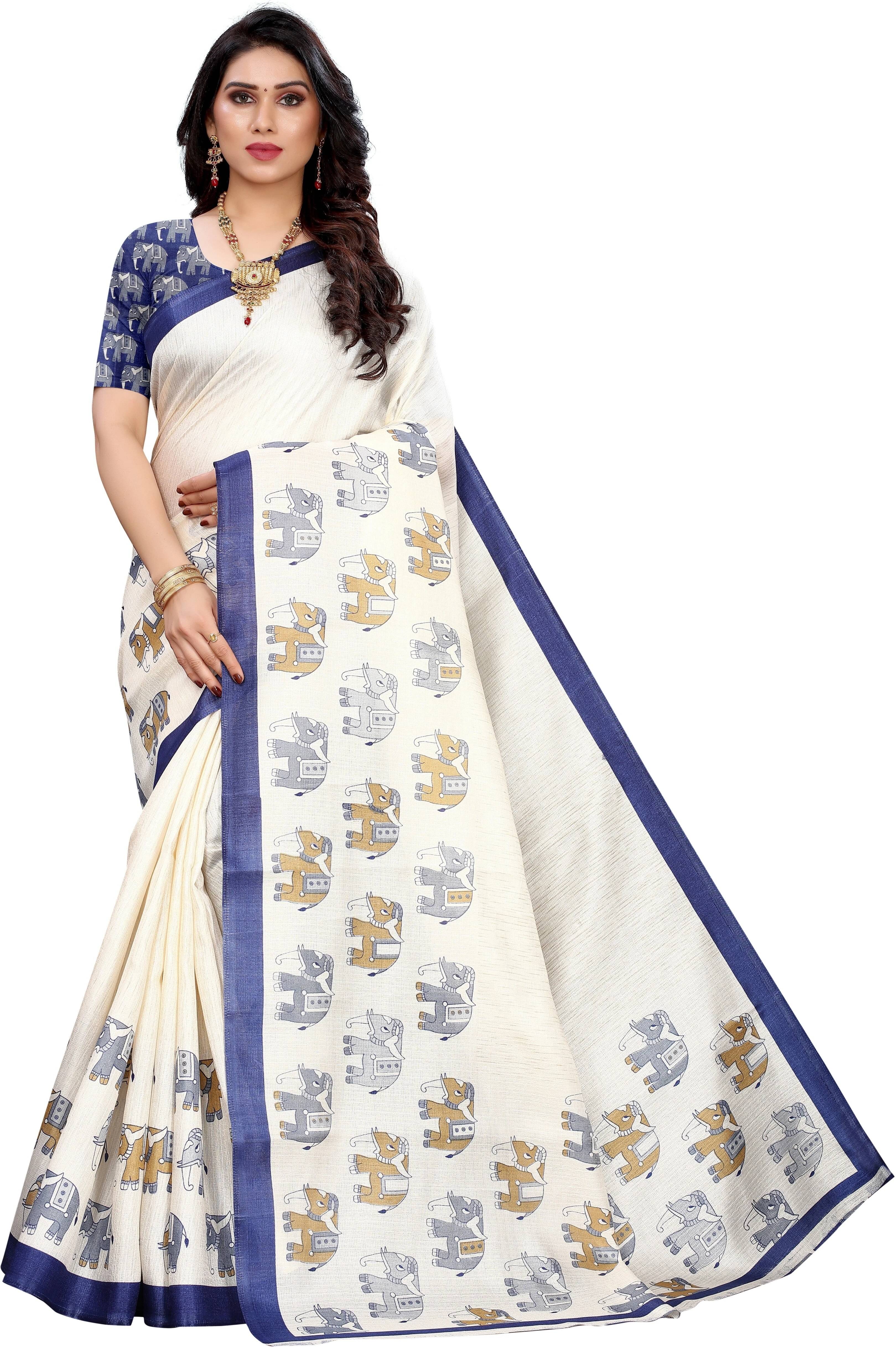     			Yashika Art Silk Printed Regular Saree With Unstitched Blouse Piece ( White )
