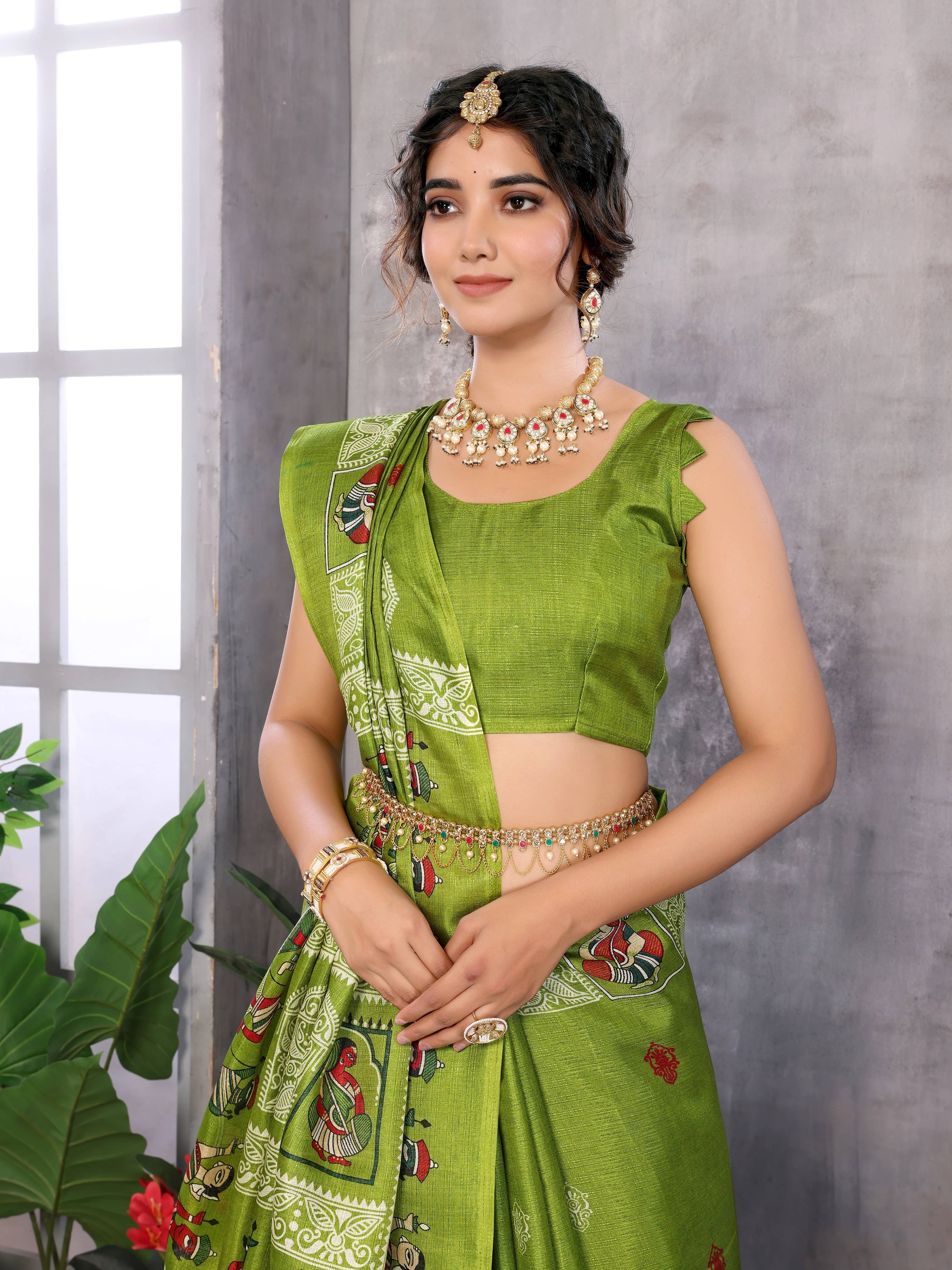 Yashika Art Silk Printed Regular Saree With Unstitched Blouse Piece ( Green )     			Yashika Art Silk Printed Regular Saree With Unstitched Blouse Piece ( Green )