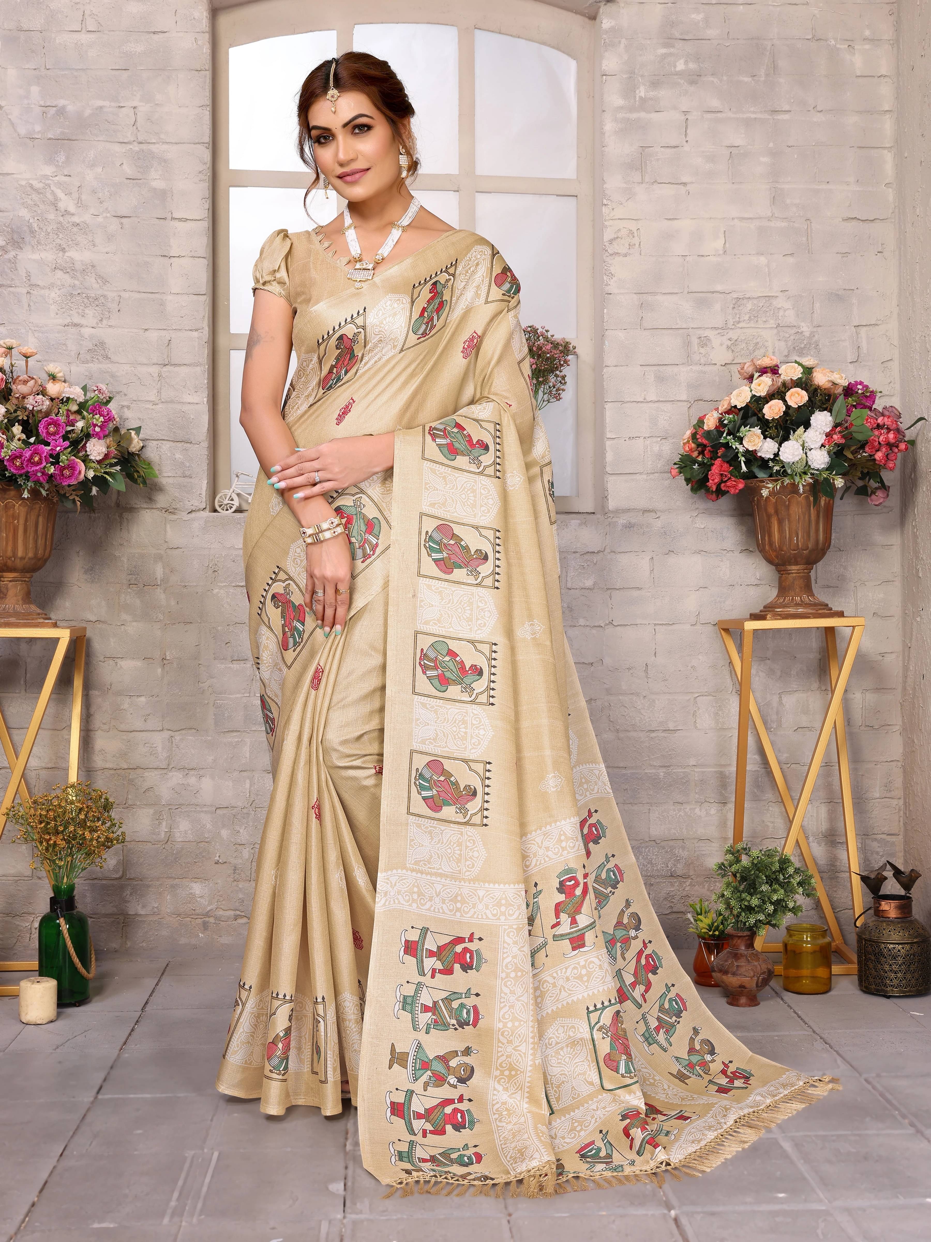     			Yashika Art Silk Printed Regular Saree With Unstitched Blouse Piece ( Brown )