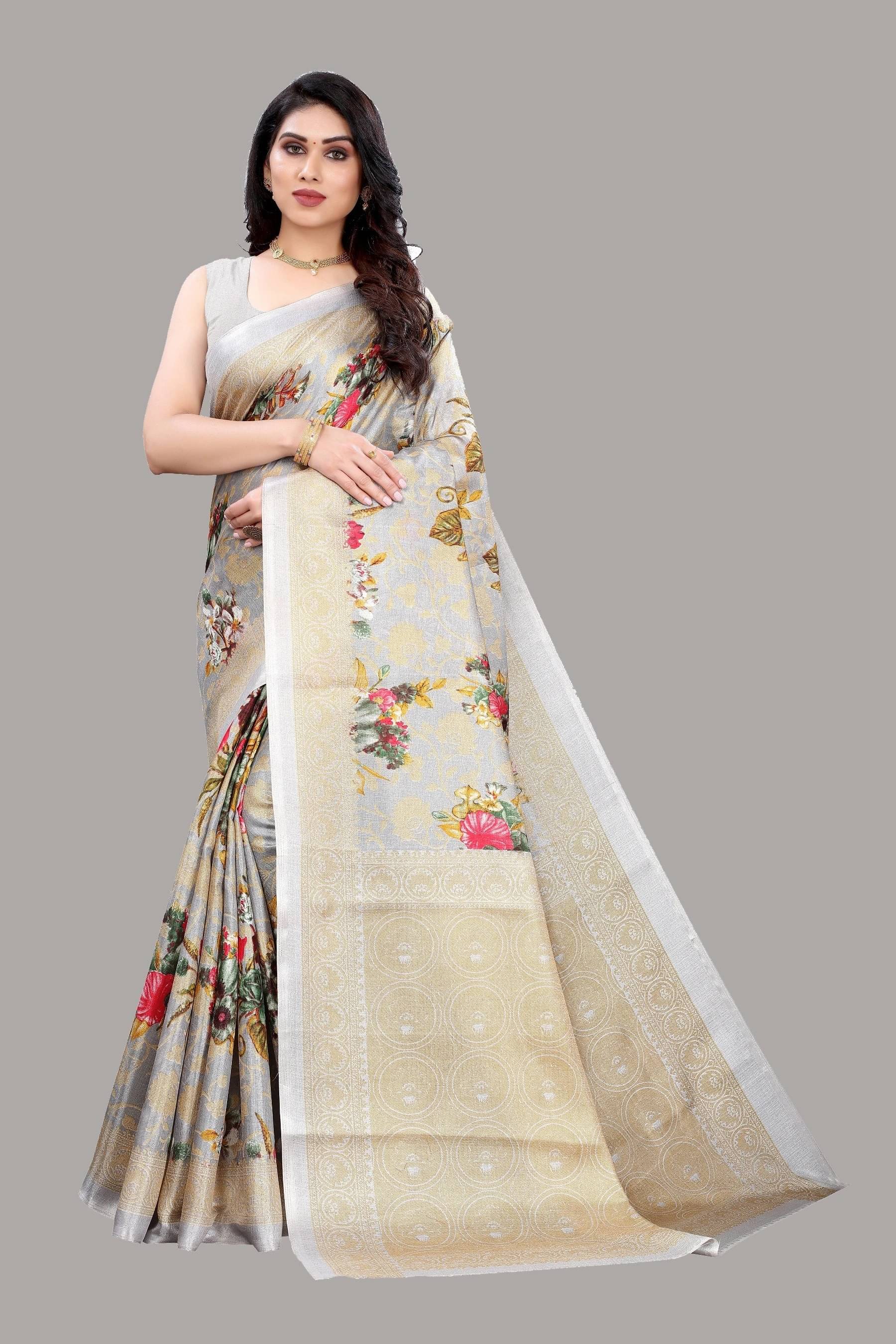 Yashika Art Silk Printed Regular Saree With Unstitched Blouse Piece ( Grey ) Yashika Art Silk Printed Regular Saree With Unstitched Blouse Piece ( Grey )