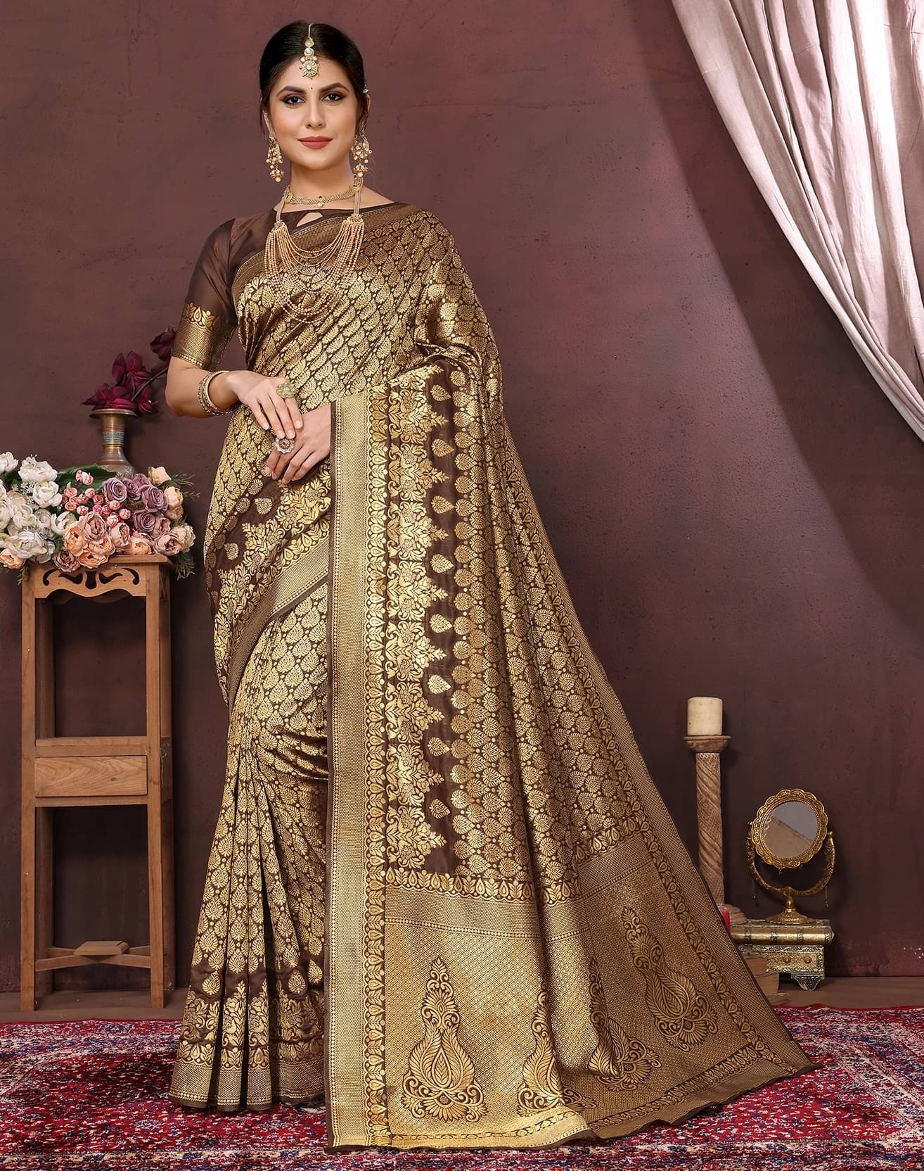     			Yashika Art Silk Woven Kanjeevaram Sarees With Unstitched Blouse Piece ( Brown )