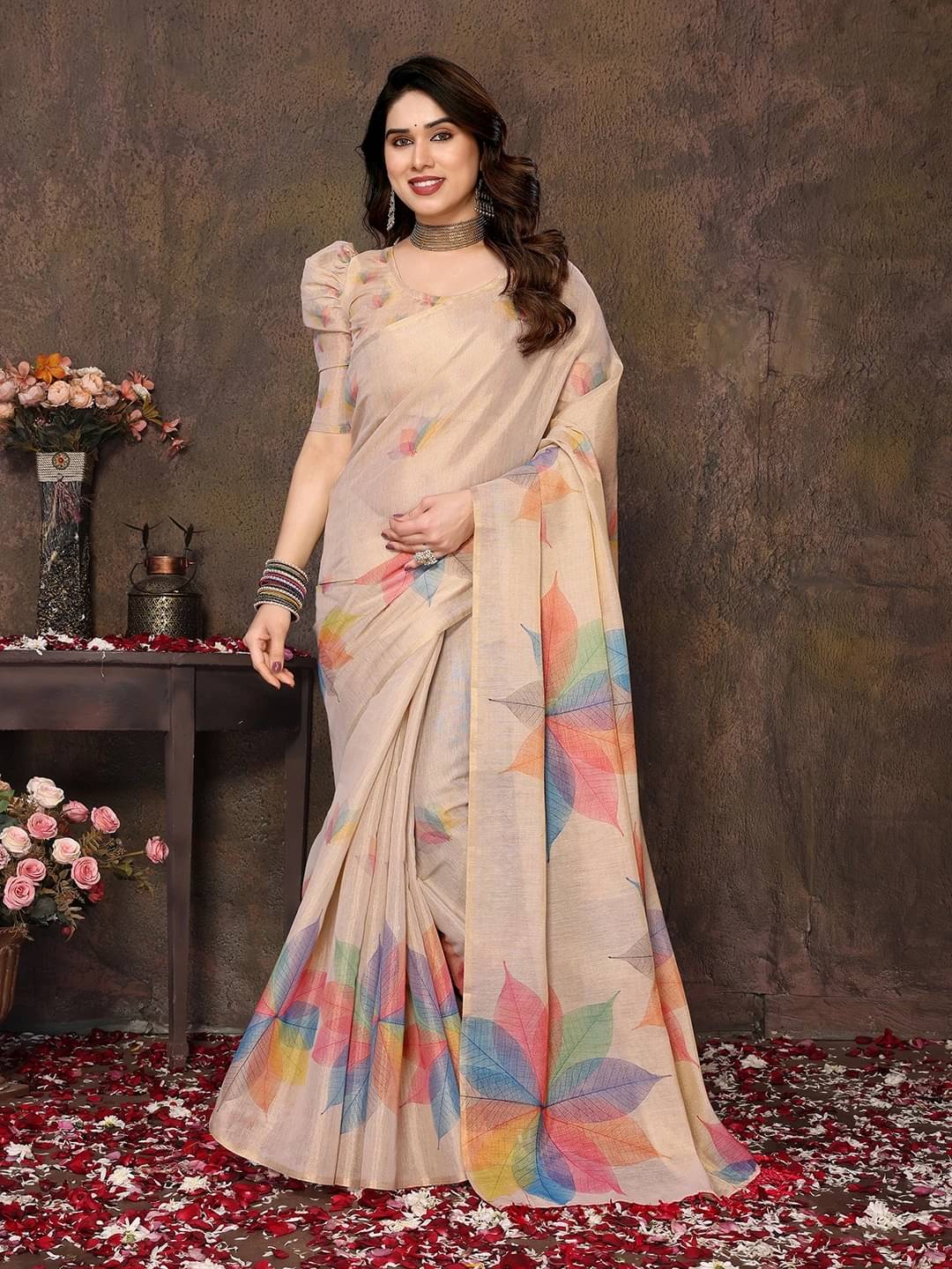     			Yashika Chanderi Printed Regular Saree With Unstitched Blouse Piece ( Brown )