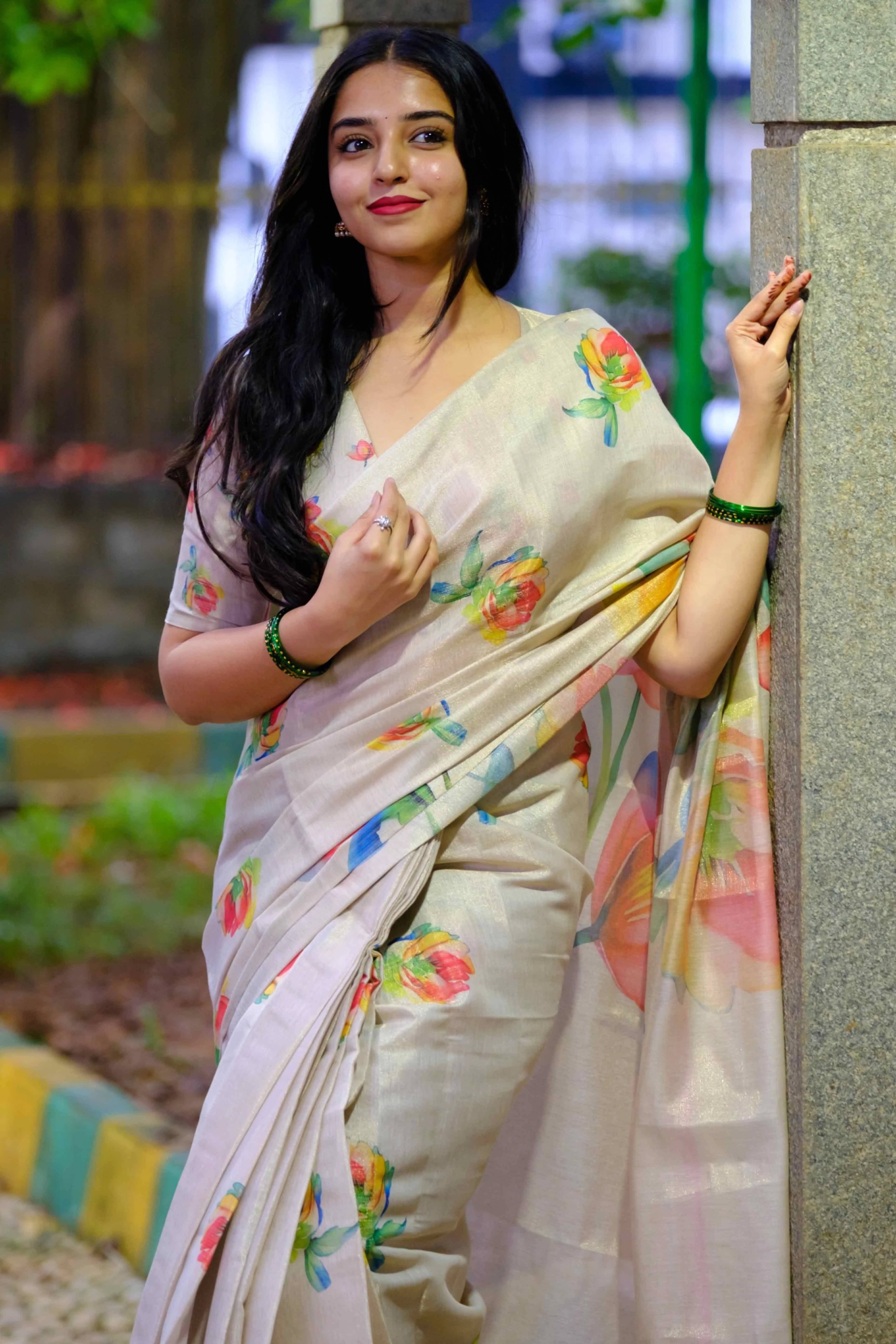     			Yashika Chanderi Printed Regular Saree With Unstitched Blouse Piece ( Cream )