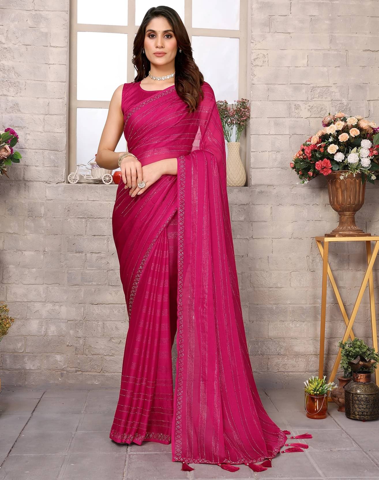 Yashika Chiffon Embellished Regular Saree With Unstitched Blouse Piece ( Pink ) Yashika Chiffon Embellished Regular Saree With Unstitched Blouse Piece ( Pink )