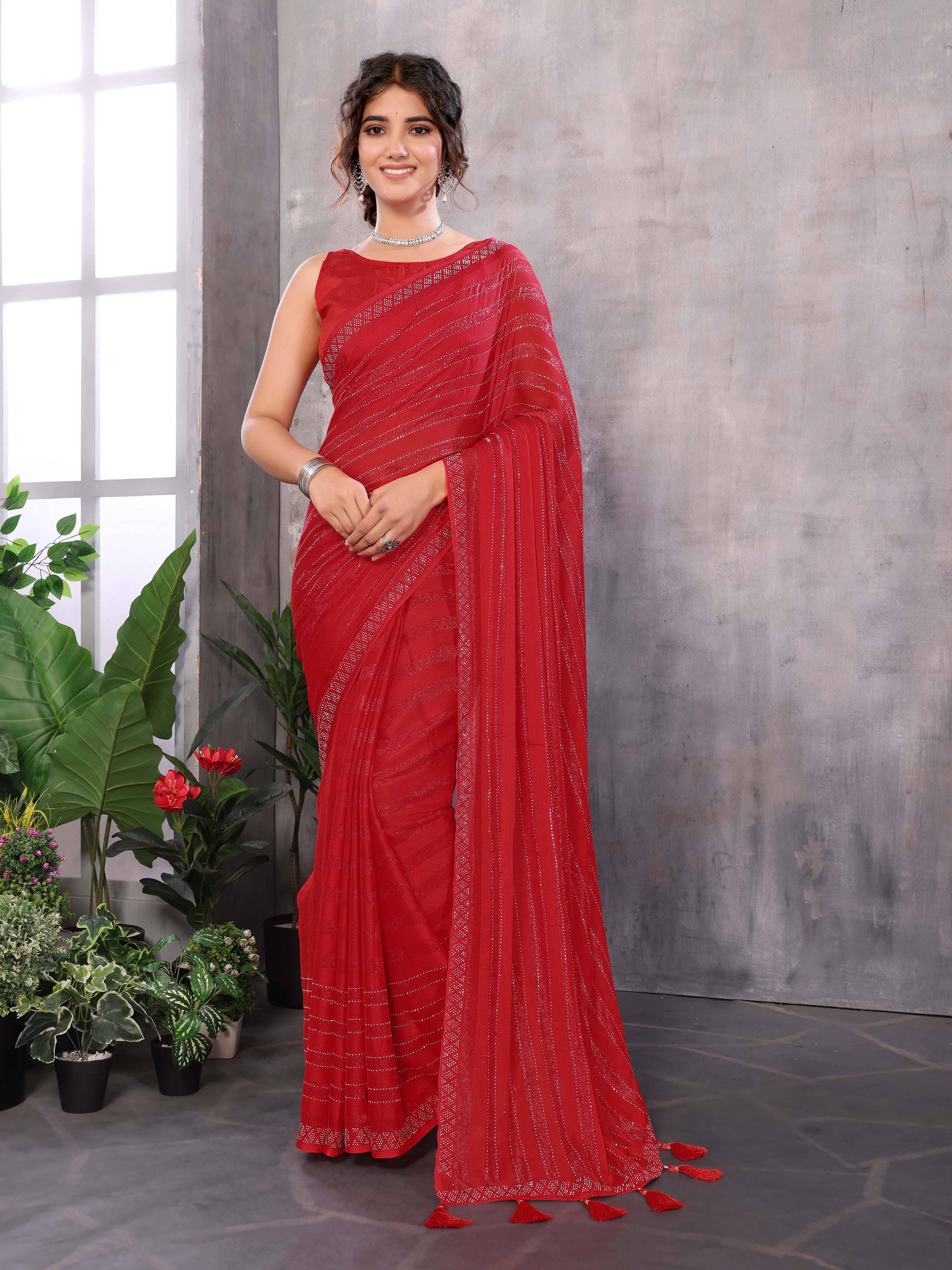     			Yashika Chiffon Embellished Regular Saree With Unstitched Blouse Piece ( Red )