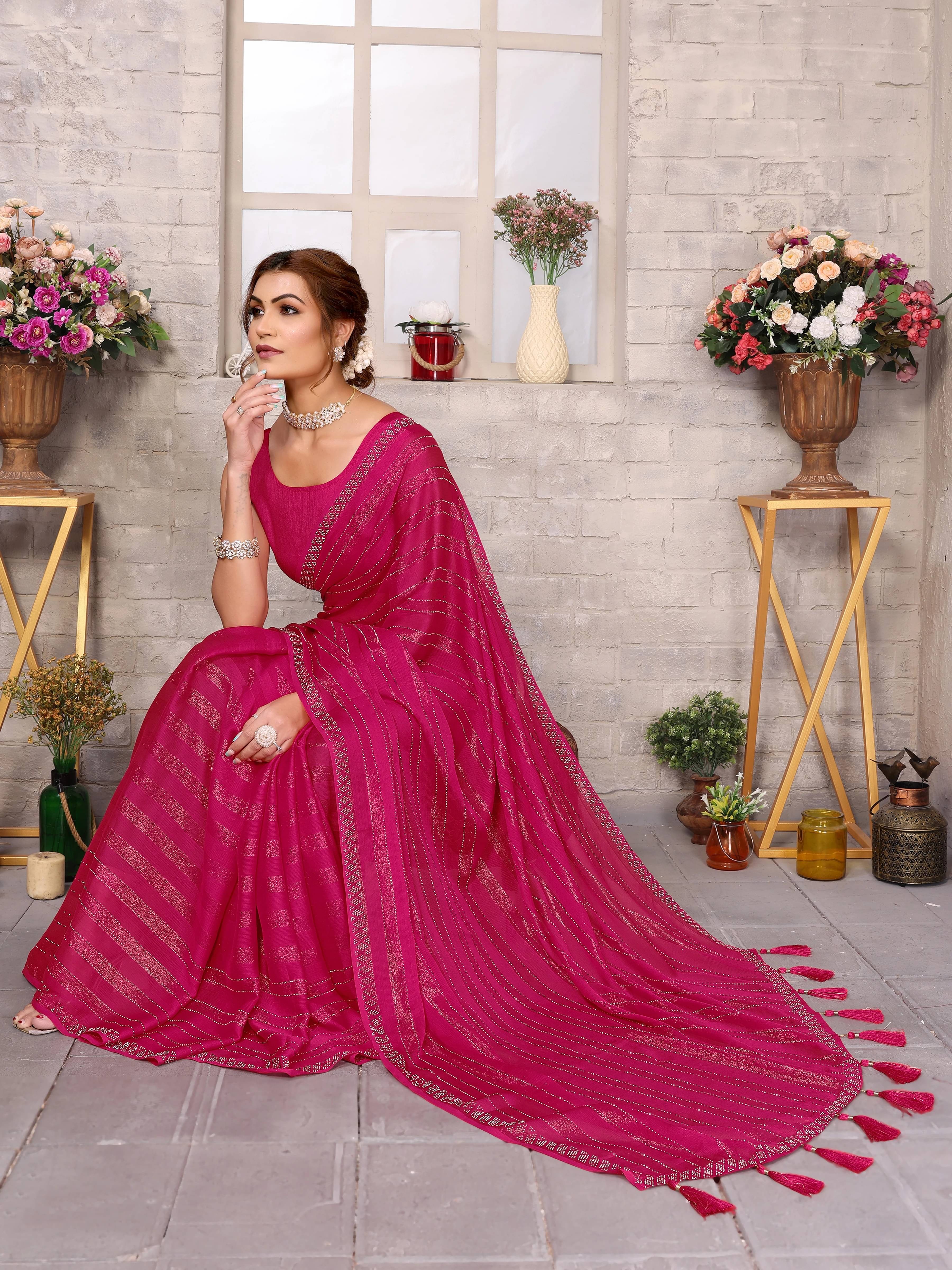 Yashika Chiffon Embellished Regular Saree With Unstitched Blouse Piece ( Pink ) Yashika Chiffon Embellished Regular Saree With Unstitched Blouse Piece ( Pink )