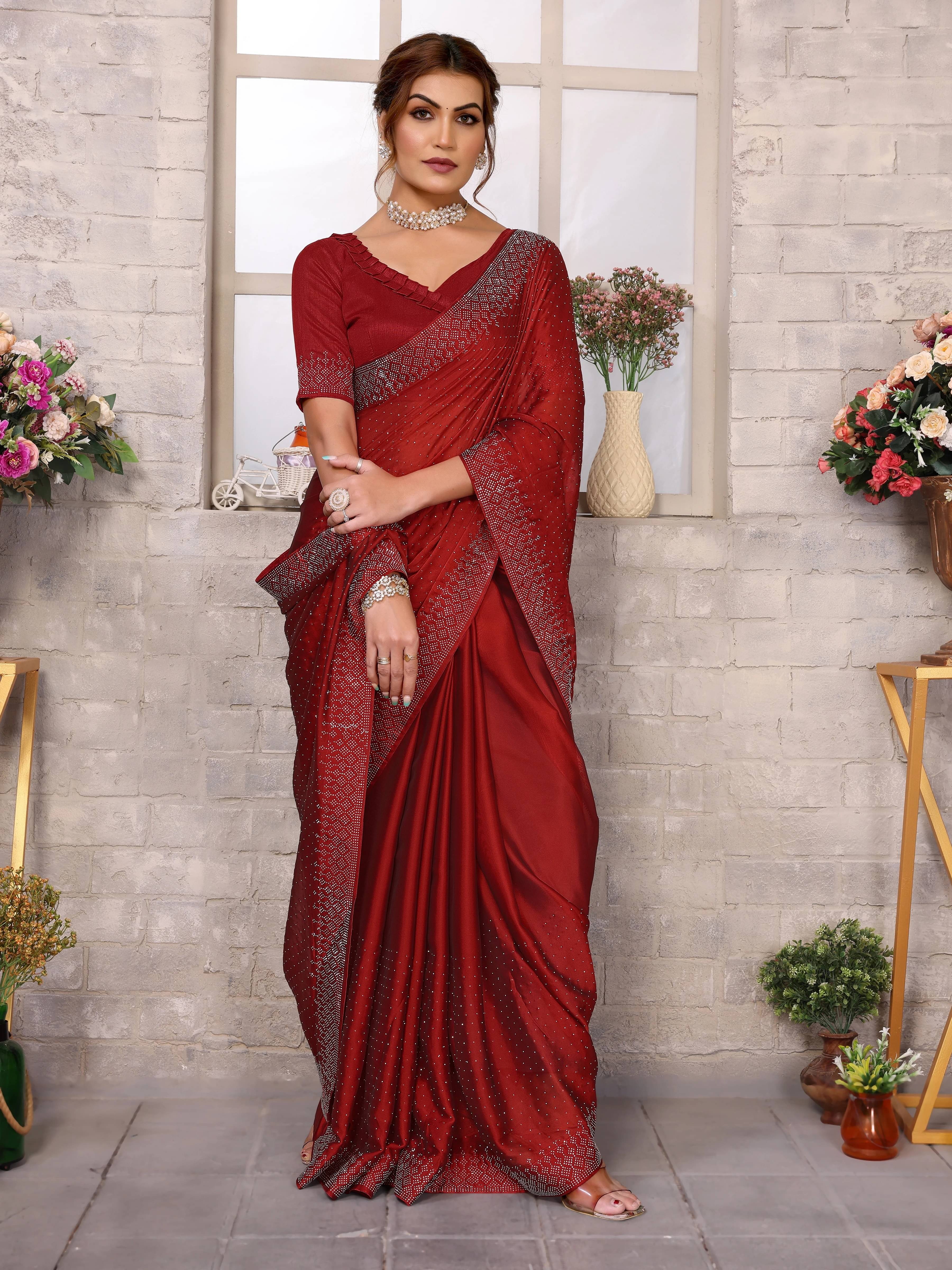 Yashika Chiffon Embellished Regular Saree With Unstitched Blouse Piece ( Maroon )     			Yashika Chiffon Embellished Regular Saree With Unstitched Blouse Piece ( Maroon )