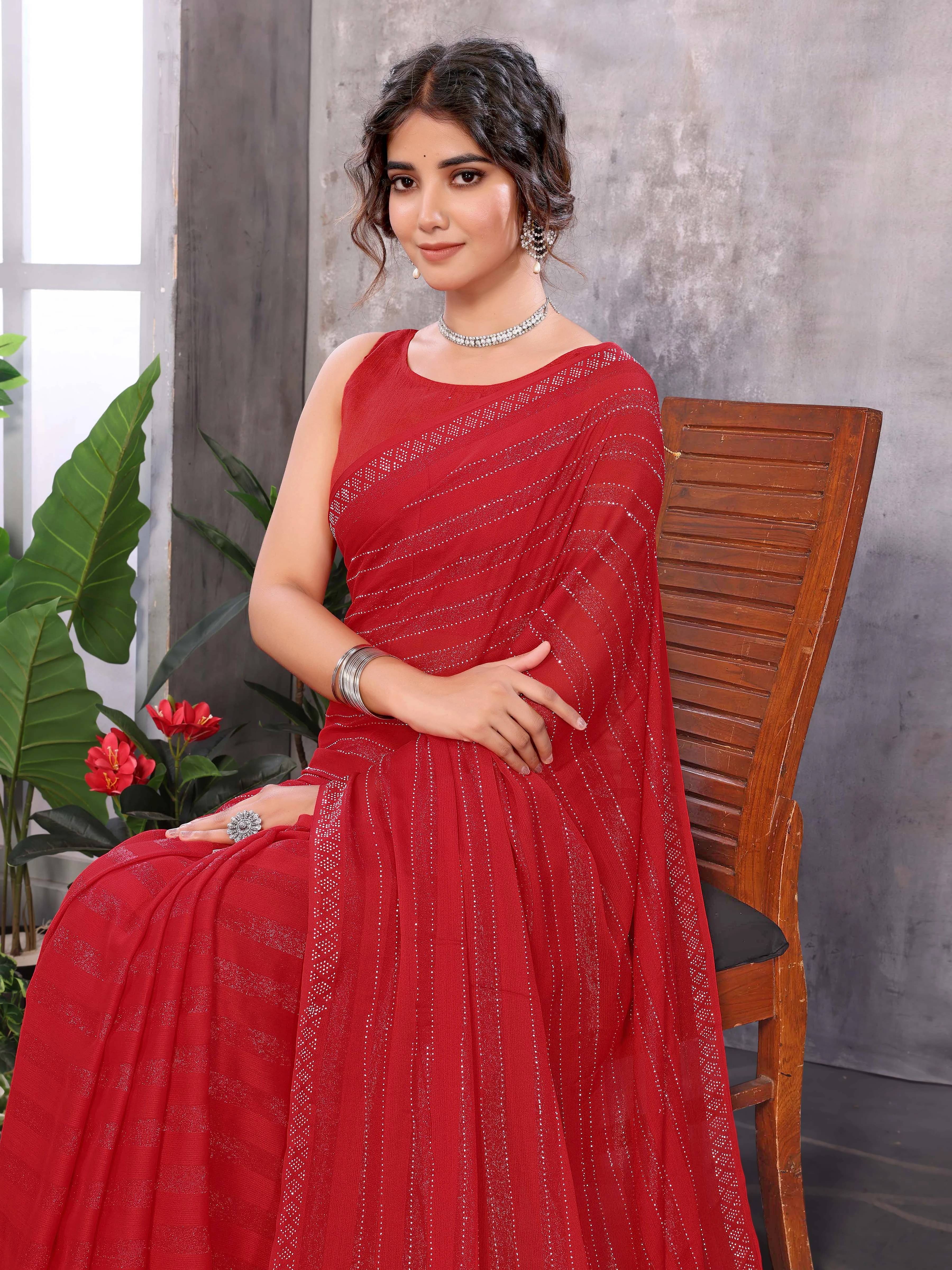     			Yashika Chiffon Embellished Regular Saree With Unstitched Blouse Piece ( Red )