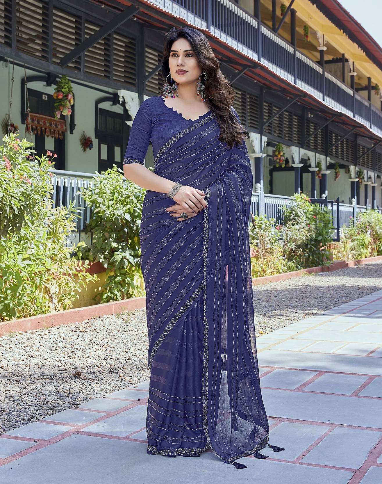 Yashika Chiffon Embellished Regular Saree With Unstitched Blouse Piece ( Blue ) Yashika Chiffon Embellished Regular Saree With Unstitched Blouse Piece ( Blue )