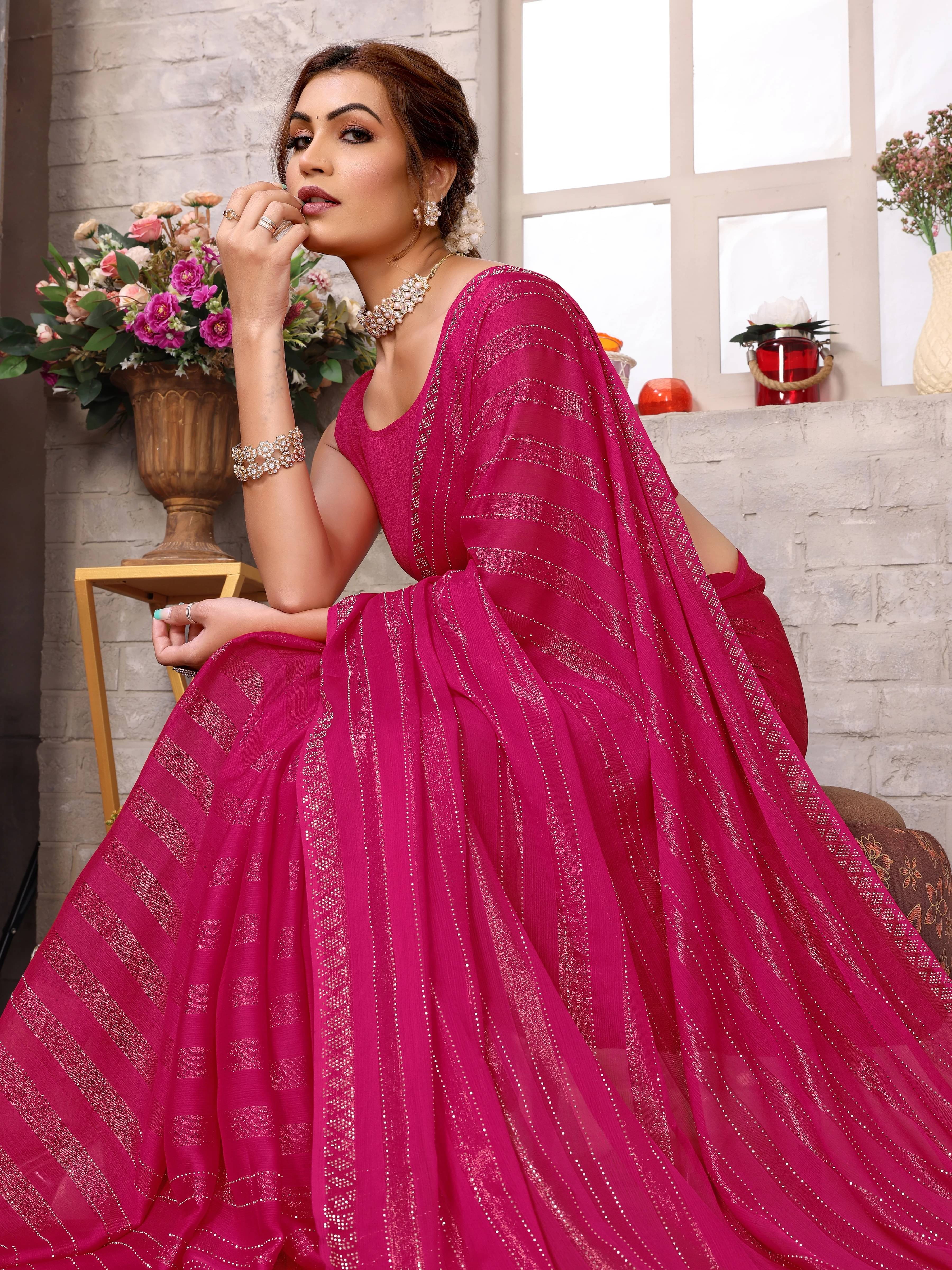 Yashika Chiffon Embellished Regular Saree With Unstitched Blouse Piece ( Pink ) Yashika Chiffon Embellished Regular Saree With Unstitched Blouse Piece ( Pink )
