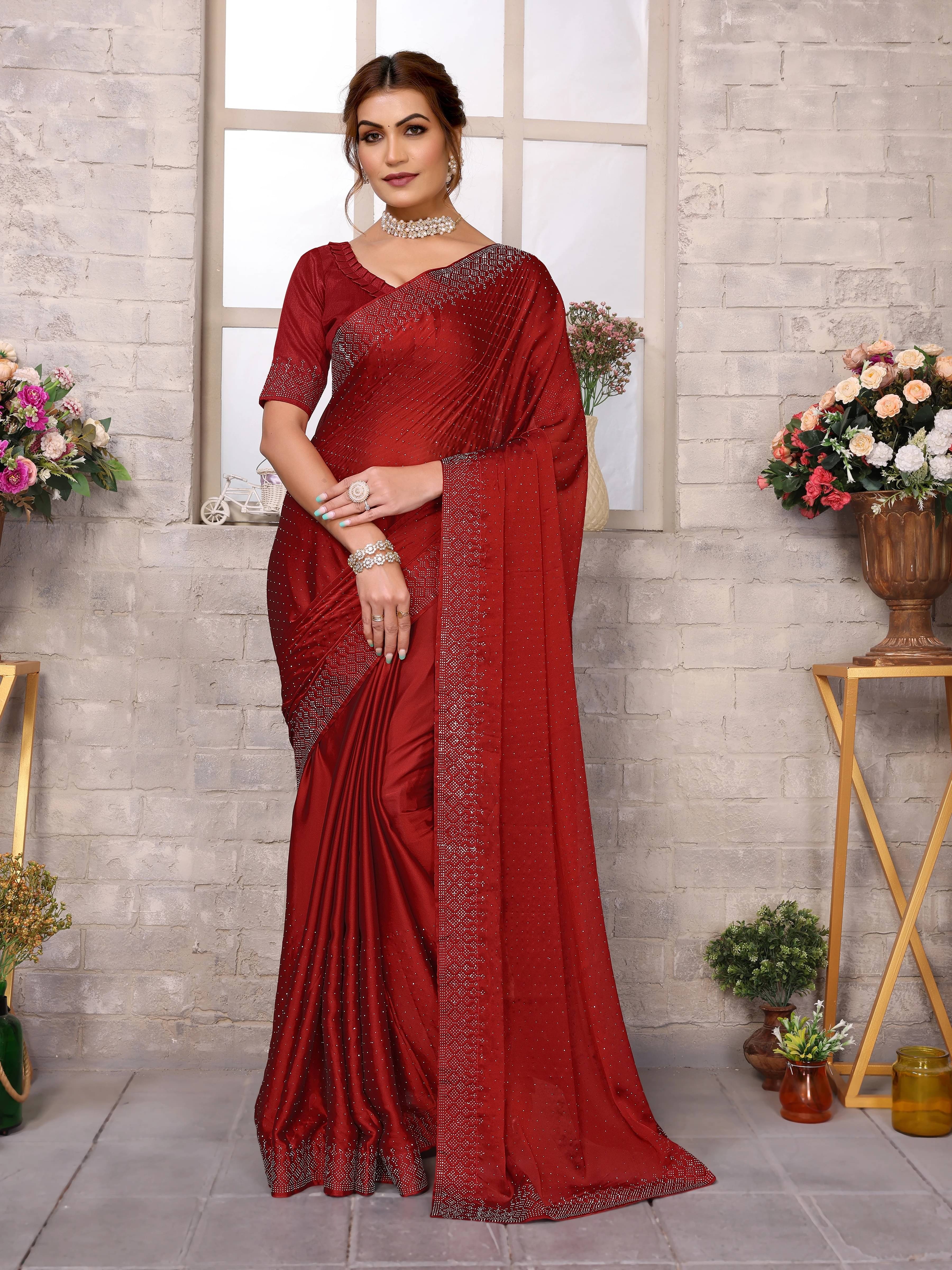 Yashika Chiffon Embellished Regular Saree With Unstitched Blouse Piece ( Maroon ) Yashika Chiffon Embellished Regular Saree With Unstitched Blouse Piece ( Maroon )