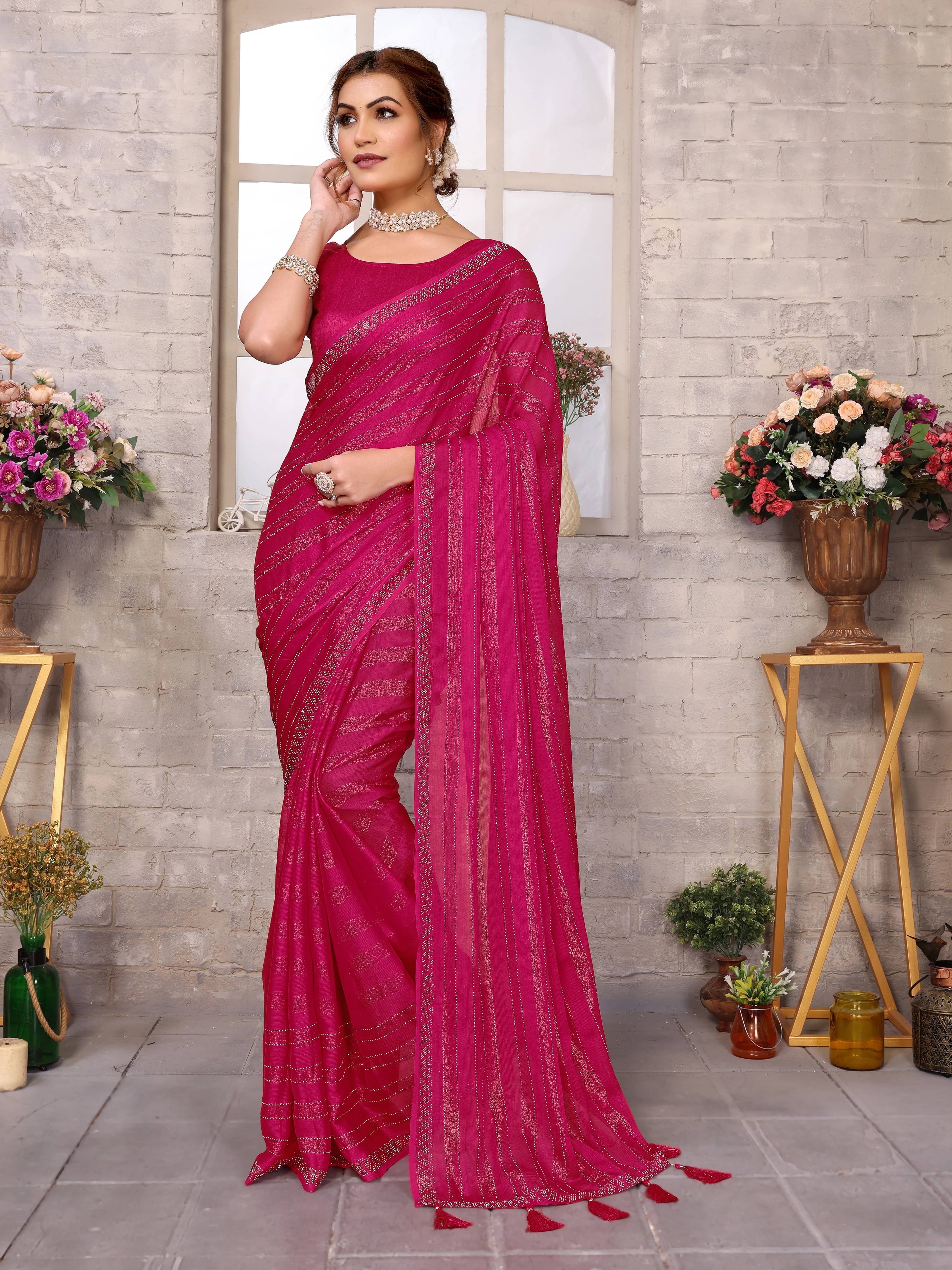 Yashika Chiffon Embellished Regular Saree With Unstitched Blouse Piece ( Pink )     			Yashika Chiffon Embellished Regular Saree With Unstitched Blouse Piece ( Pink )