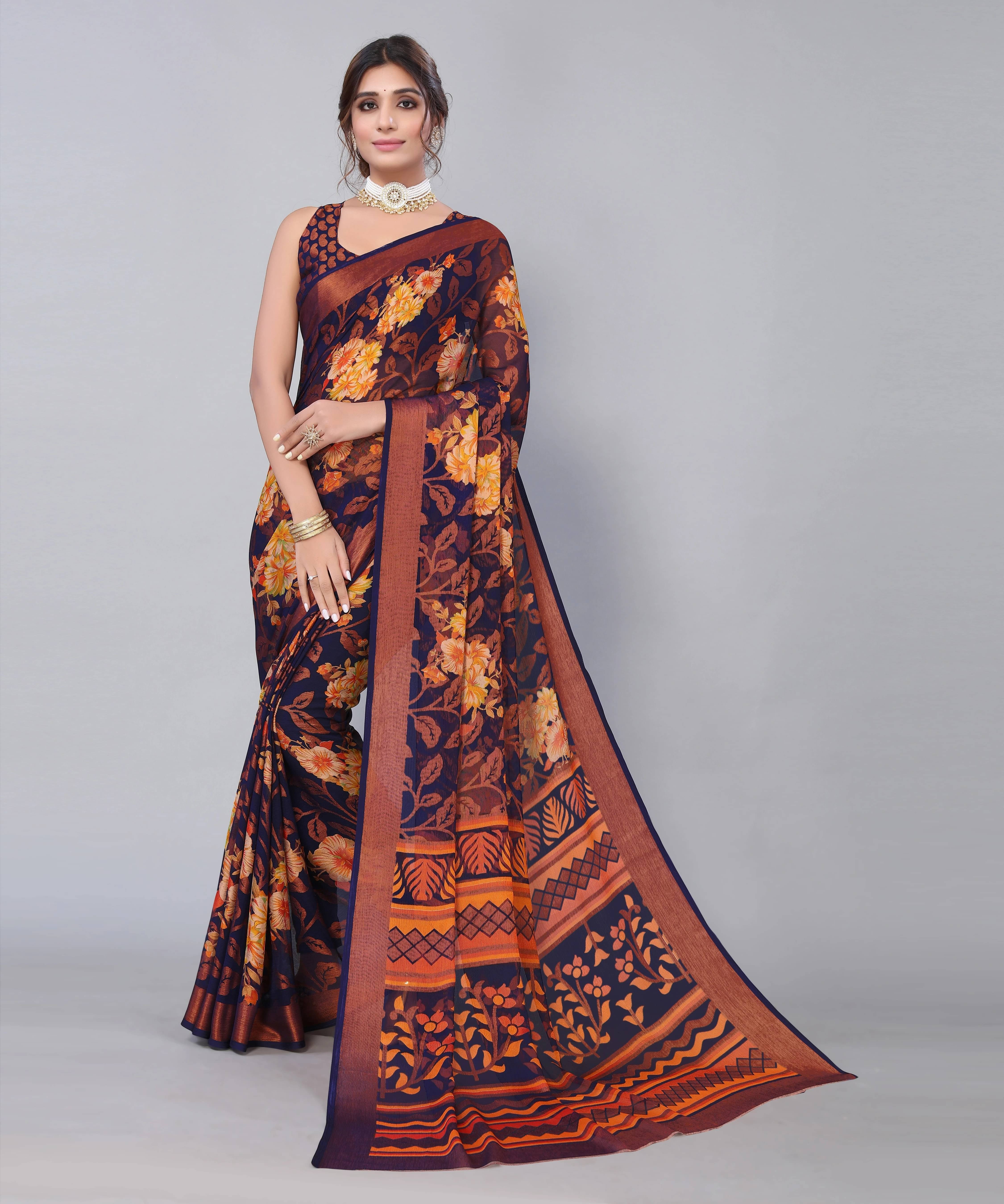     			Yashika Chiffon Printed Regular Saree With Unstitched Blouse Piece ( Navy Blue )
