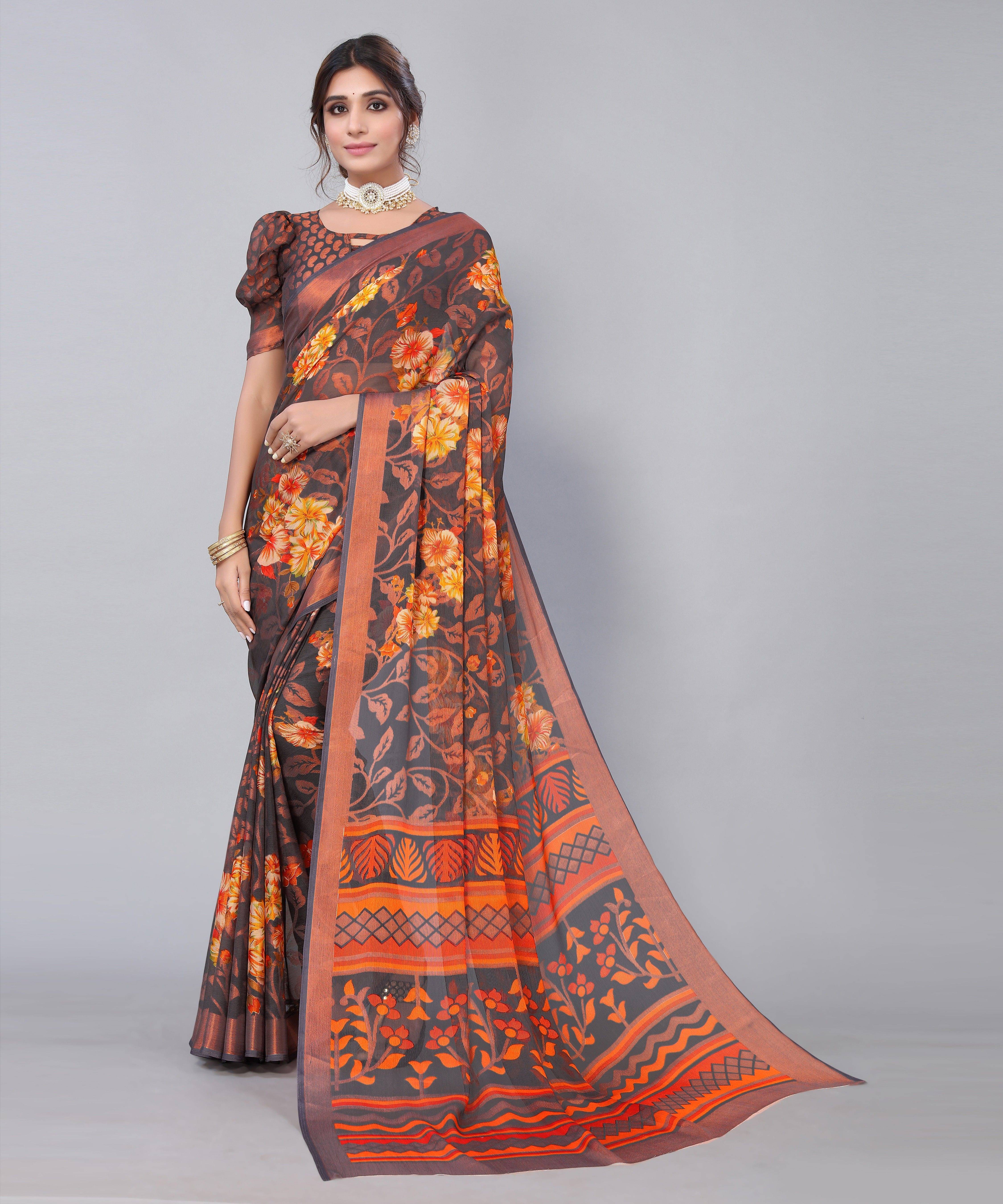     			Yashika Chiffon Printed Regular Saree With Unstitched Blouse Piece ( Grey )