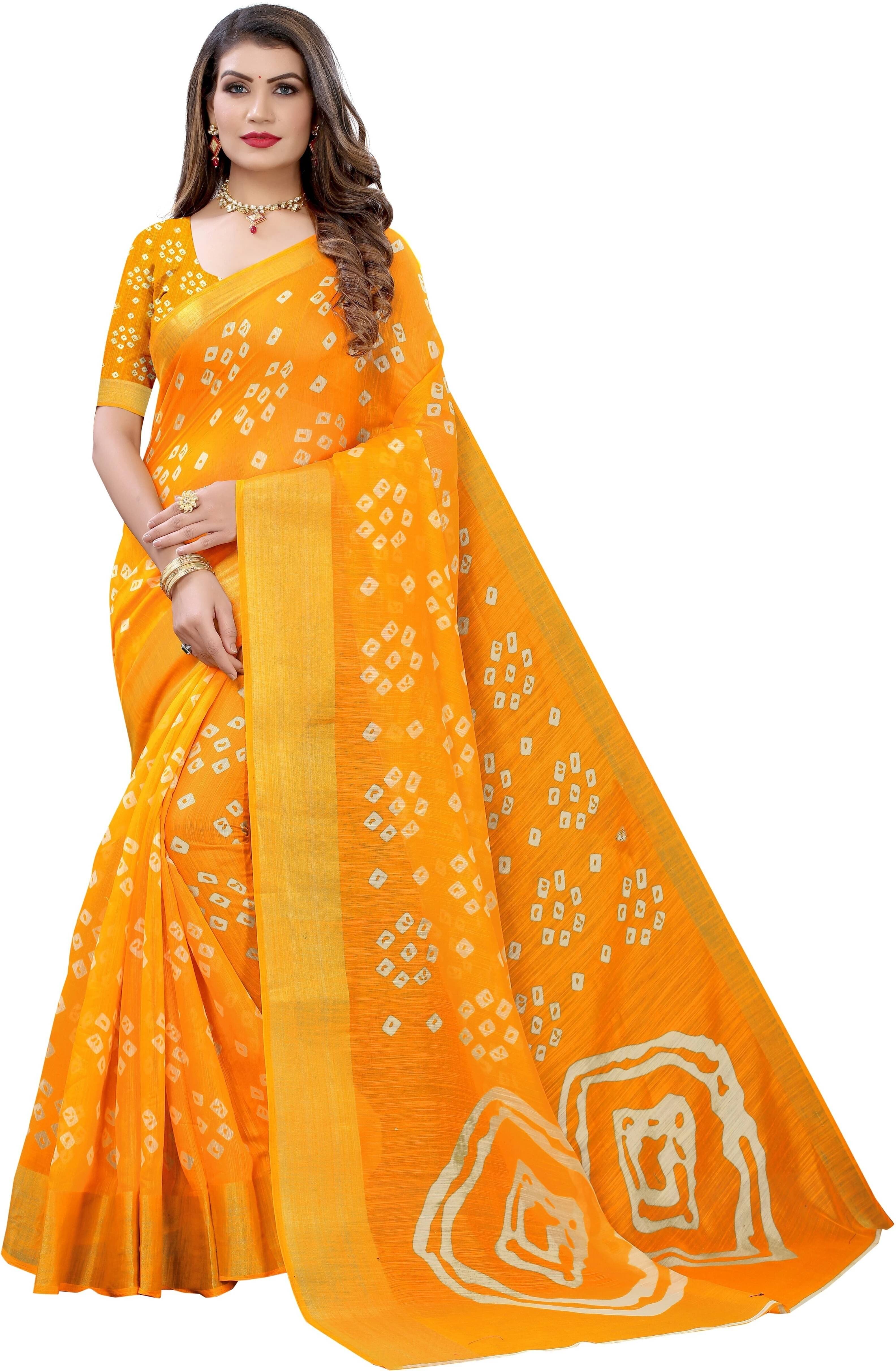 Yashika Cotton Blend Printed Bandhani Sarees With Unstitched Blouse Piece ( Yellow ) Yashika Cotton Blend Printed Bandhani Sarees With Unstitched Blouse Piece ( Yellow )