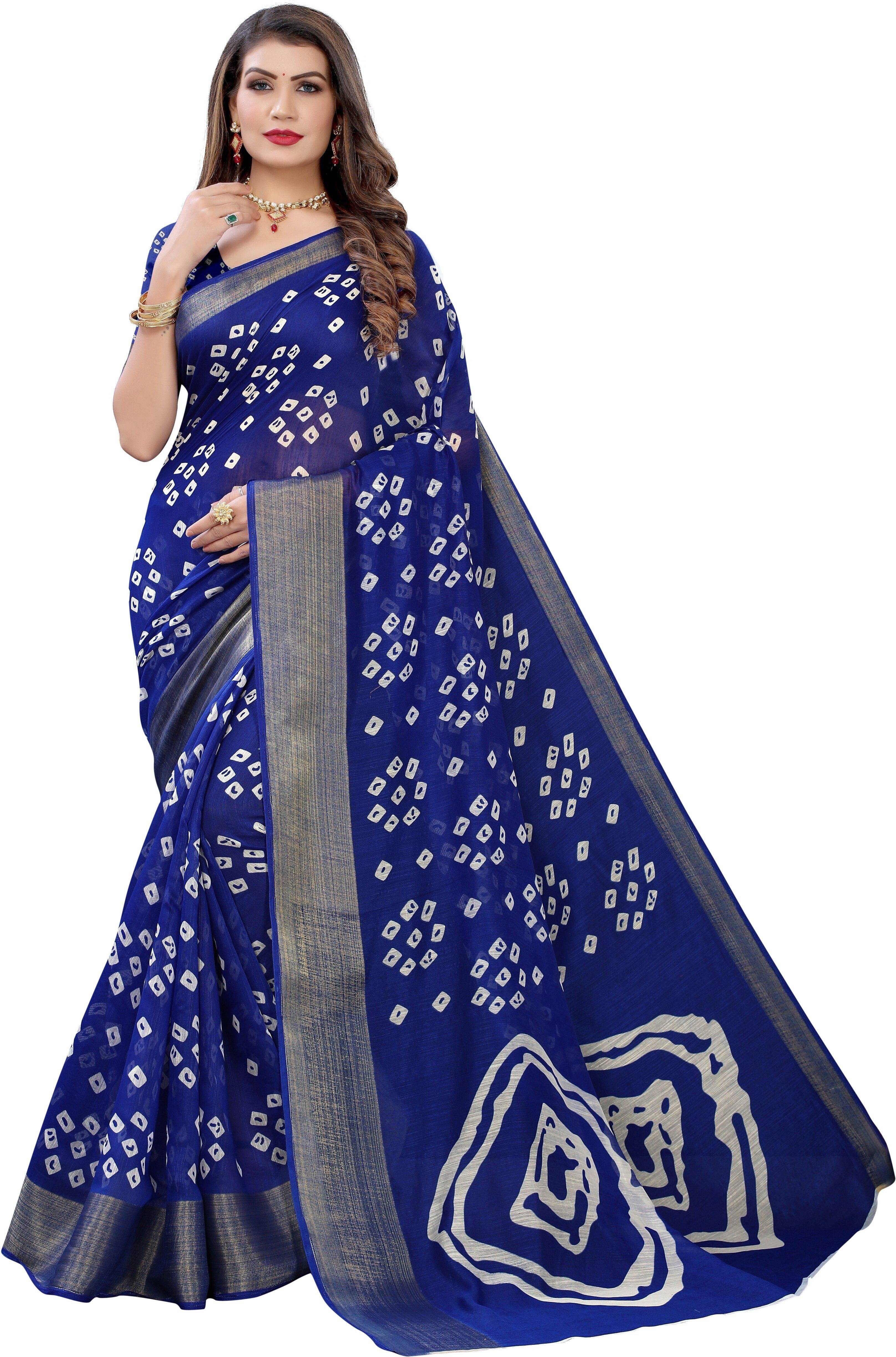     			Yashika Cotton Blend Printed Bandhani Sarees With Unstitched Blouse Piece ( Blue )