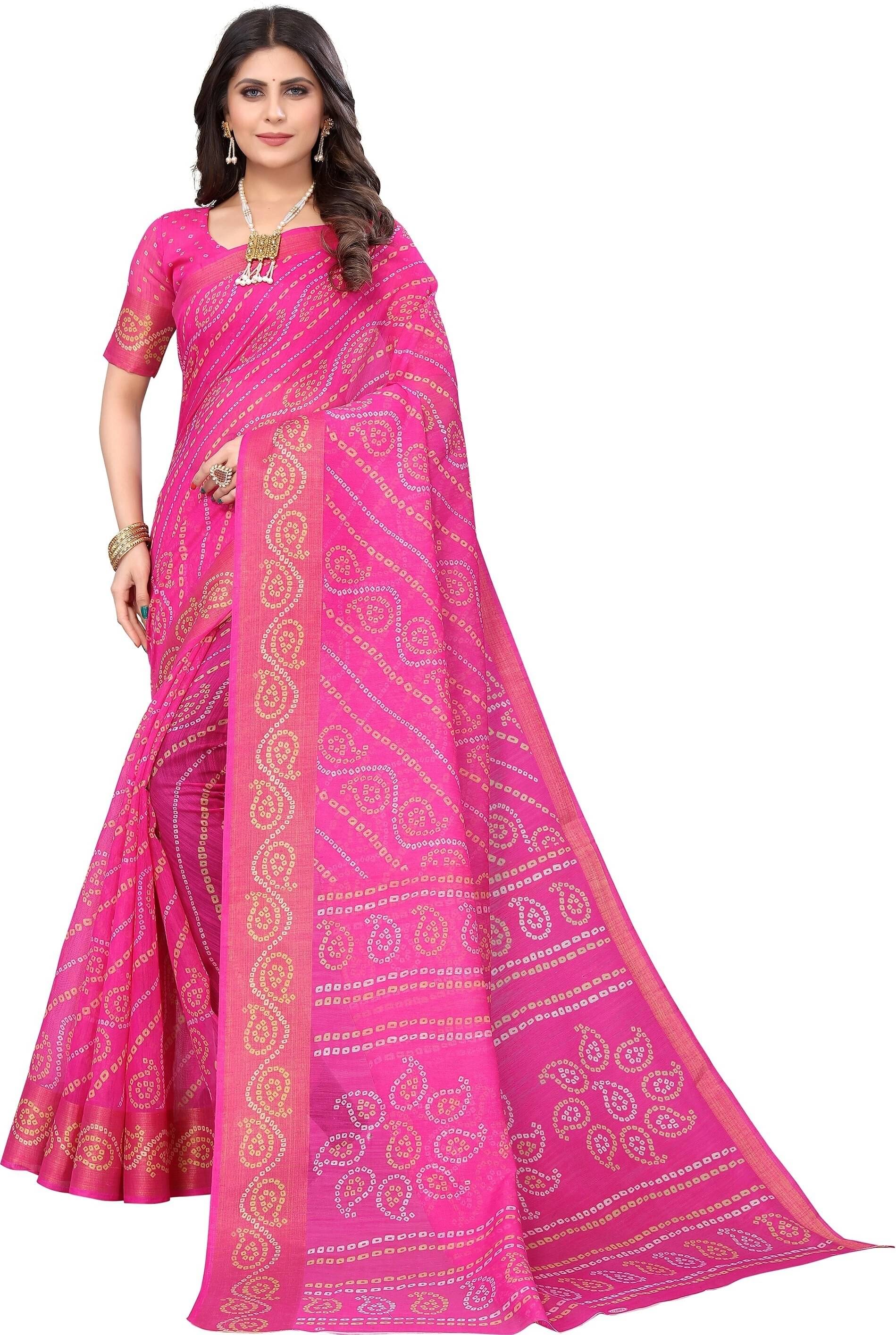 Yashika Cotton Blend Printed Bandhani Sarees With Unstitched Blouse Piece ( Pink ) Yashika Cotton Blend Printed Bandhani Sarees With Unstitched Blouse Piece ( Pink )