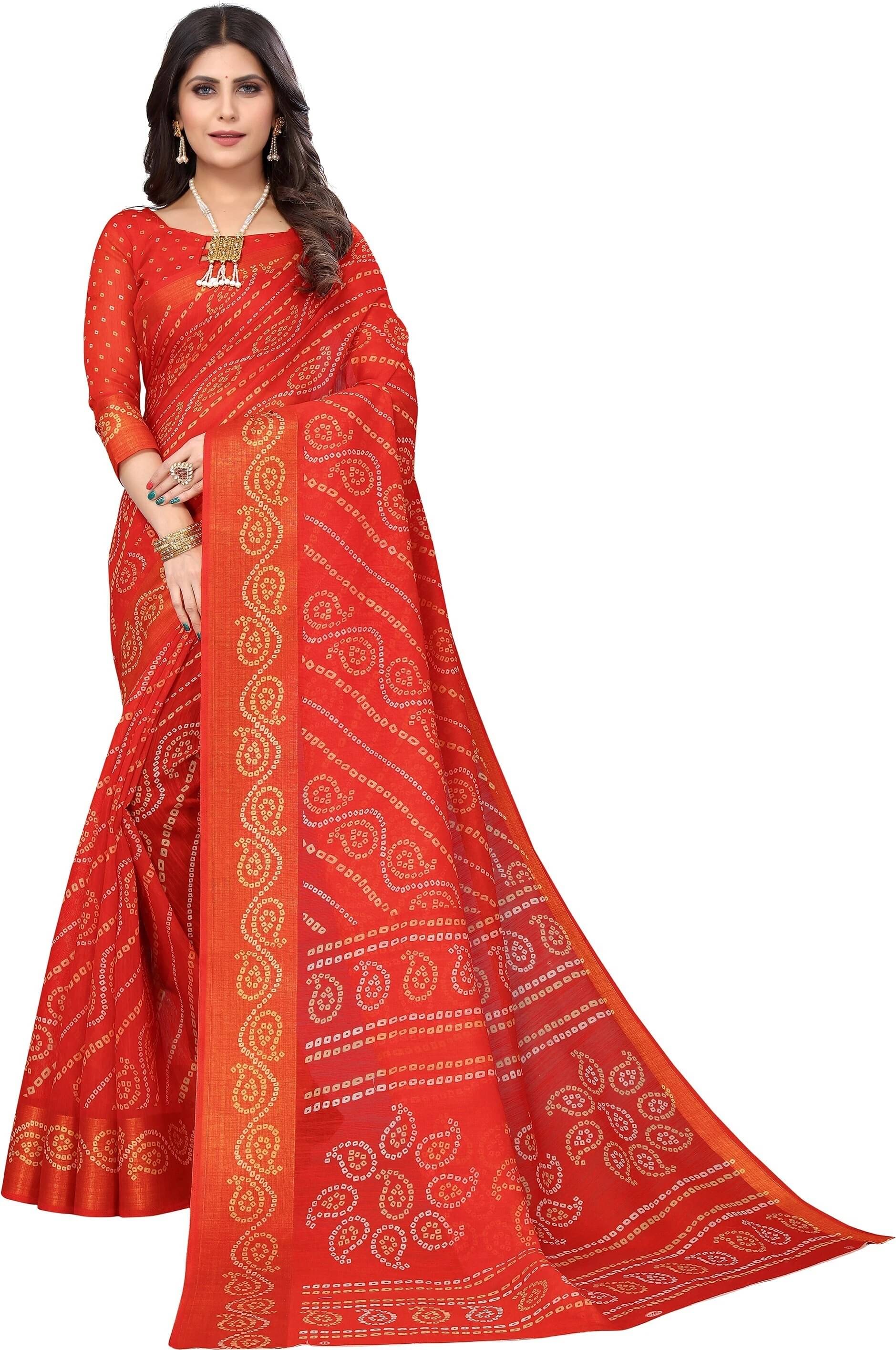     			Yashika Cotton Blend Printed Bandhani Sarees With Unstitched Blouse Piece ( Red )