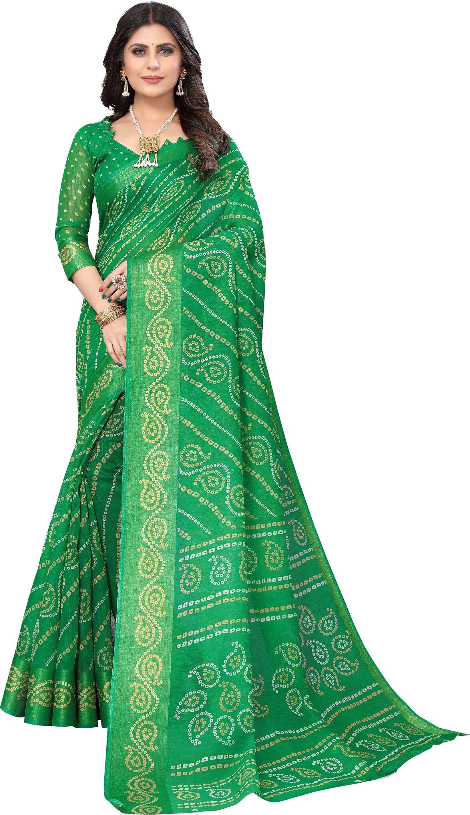     			Yashika Cotton Blend Printed Bandhani Sarees With Unstitched Blouse Piece ( Green )
