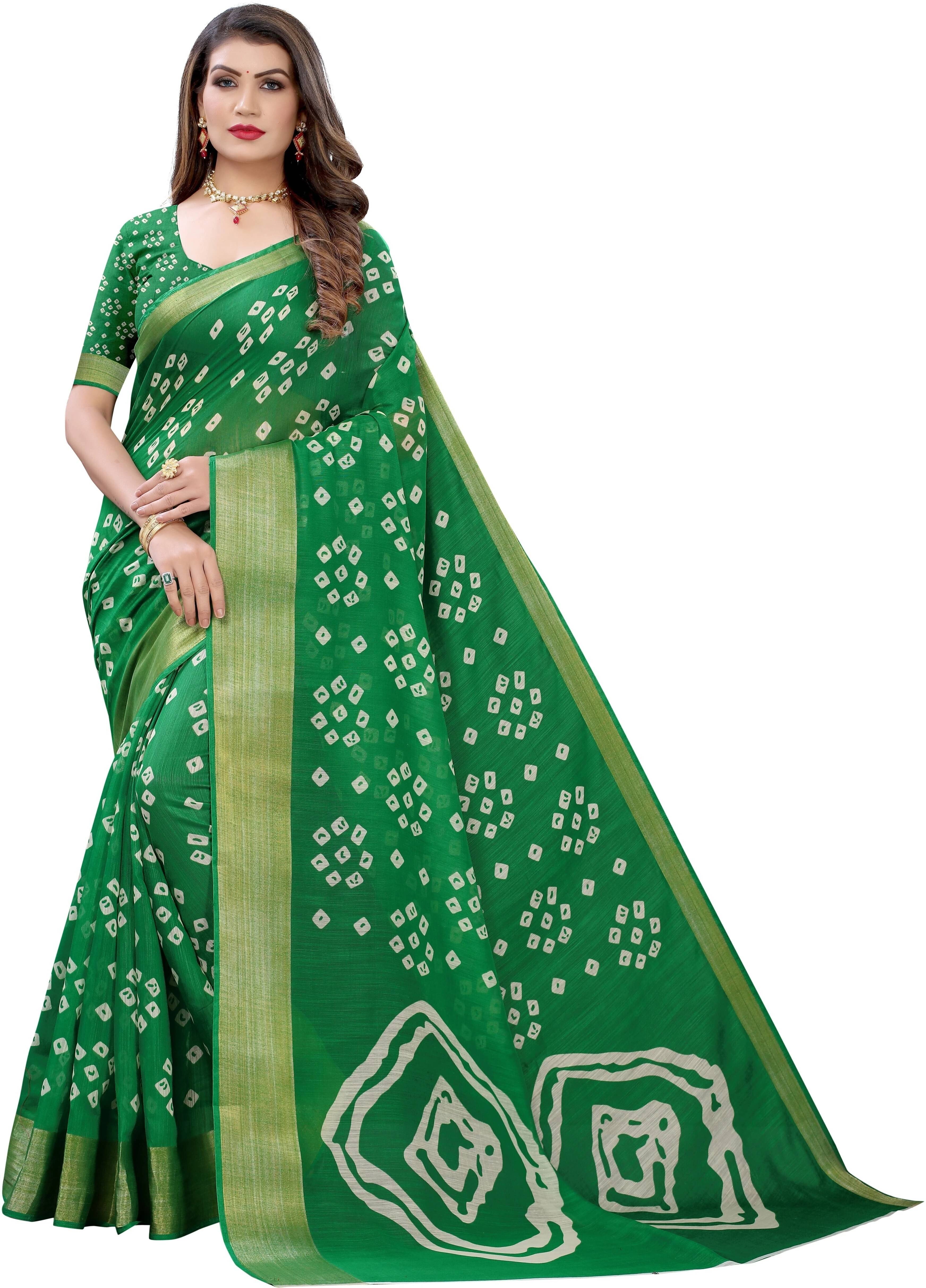     			Yashika Cotton Blend Printed Bandhani Sarees With Unstitched Blouse Piece ( Green )
