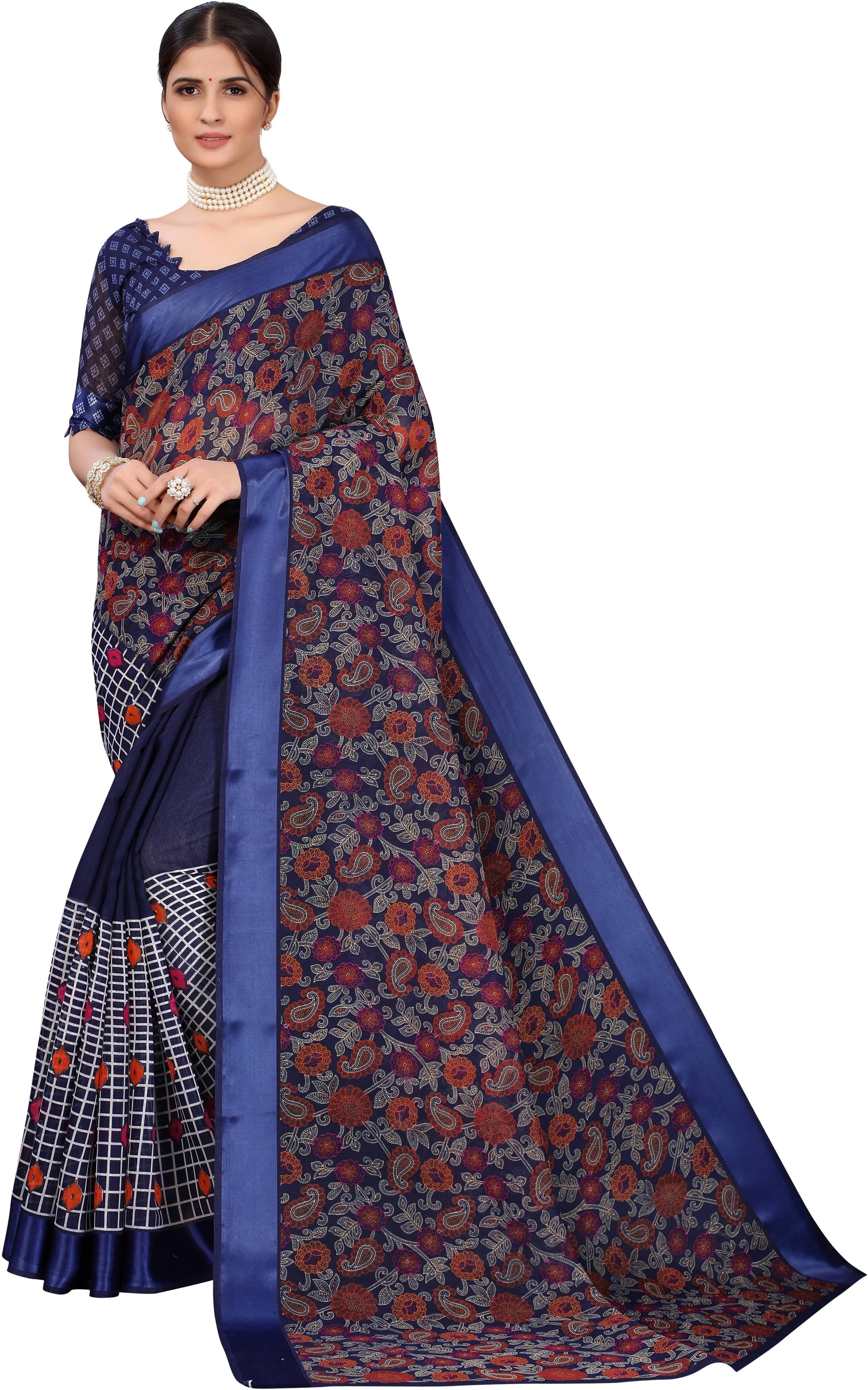 Yashika Cotton Blend Printed Regular Saree With Unstitched Blouse Piece ( Navy Blue )     			Yashika Cotton Blend Printed Regular Saree With Unstitched Blouse Piece ( Navy Blue )