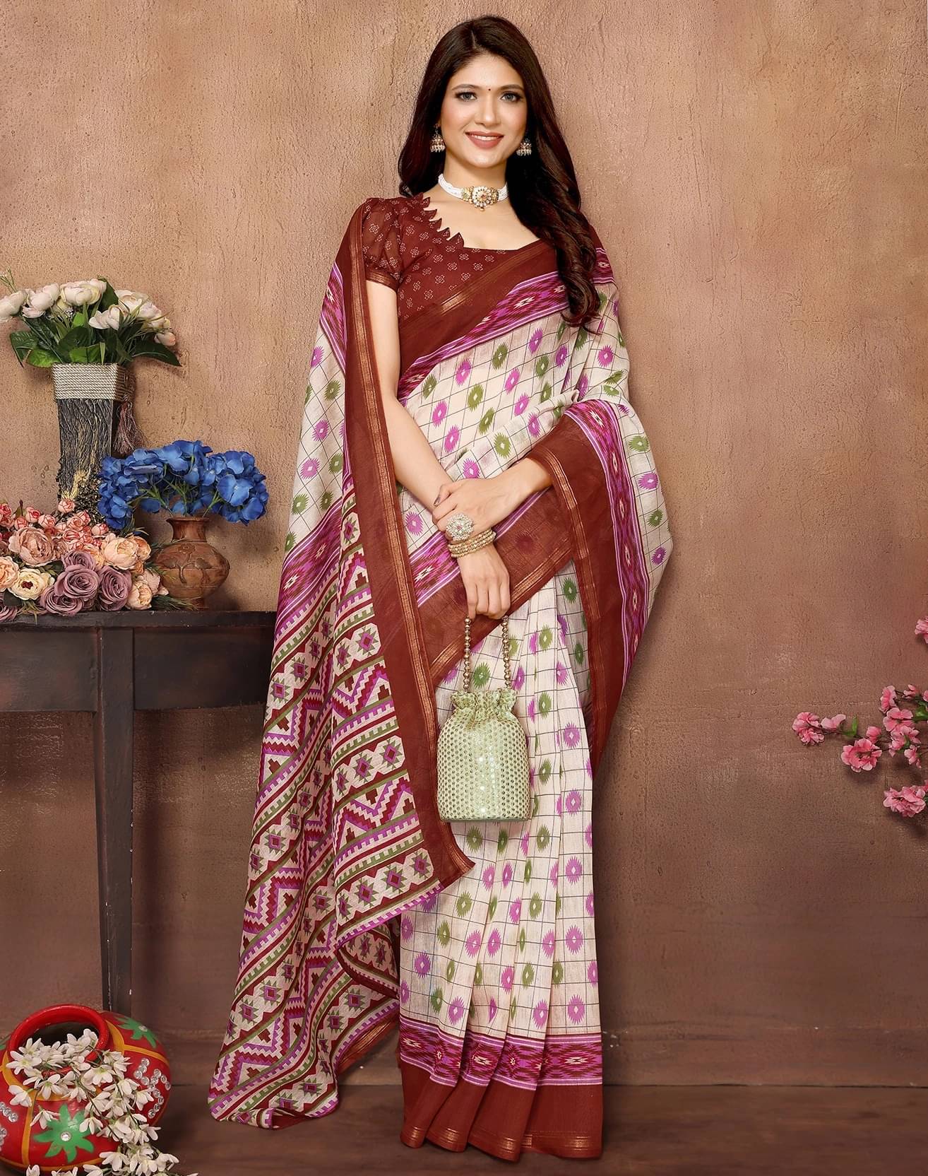 Yashika Cotton Blend Printed Regular Saree With Unstitched Blouse Piece ( Brown )     			Yashika Cotton Blend Printed Regular Saree With Unstitched Blouse Piece ( Brown )