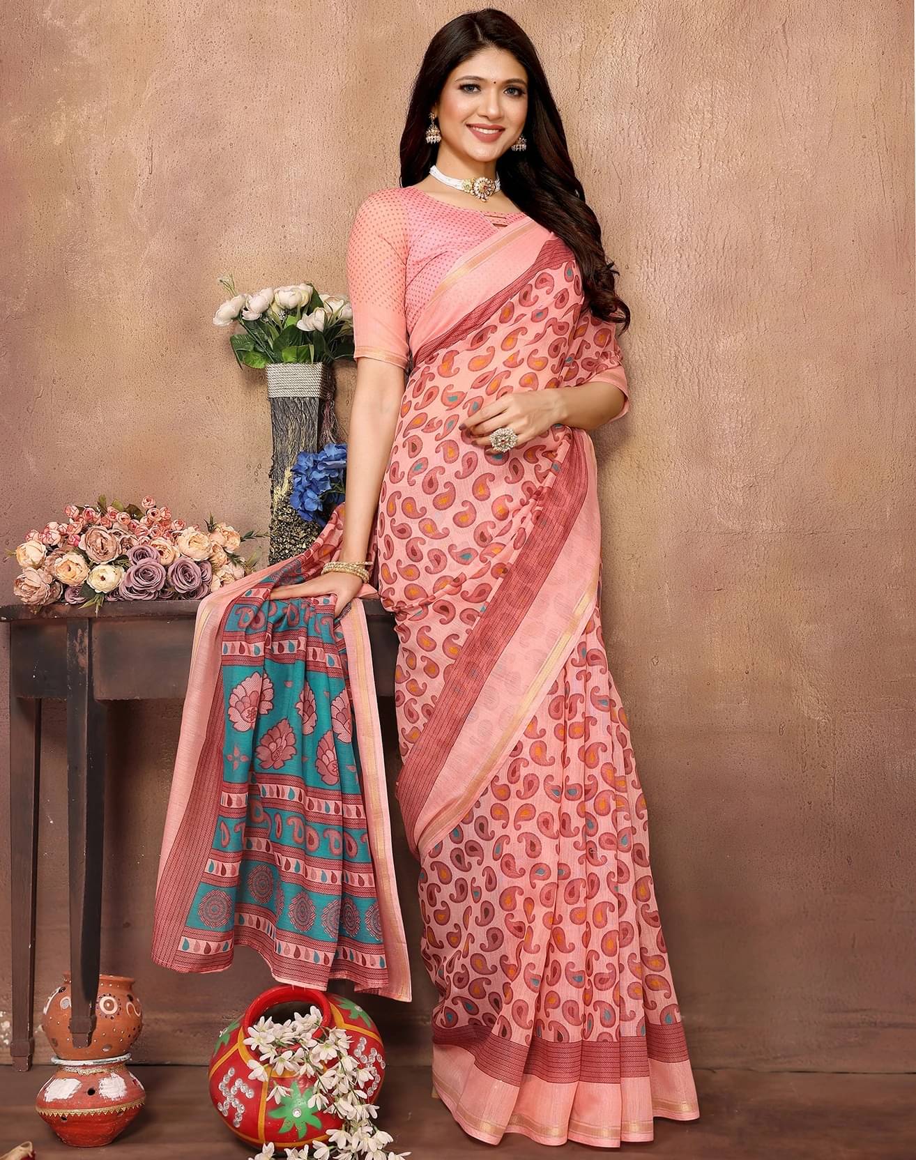 Yashika Cotton Blend Printed Regular Saree With Unstitched Blouse Piece ( Pink ) Yashika Cotton Blend Printed Regular Saree With Unstitched Blouse Piece ( Pink )