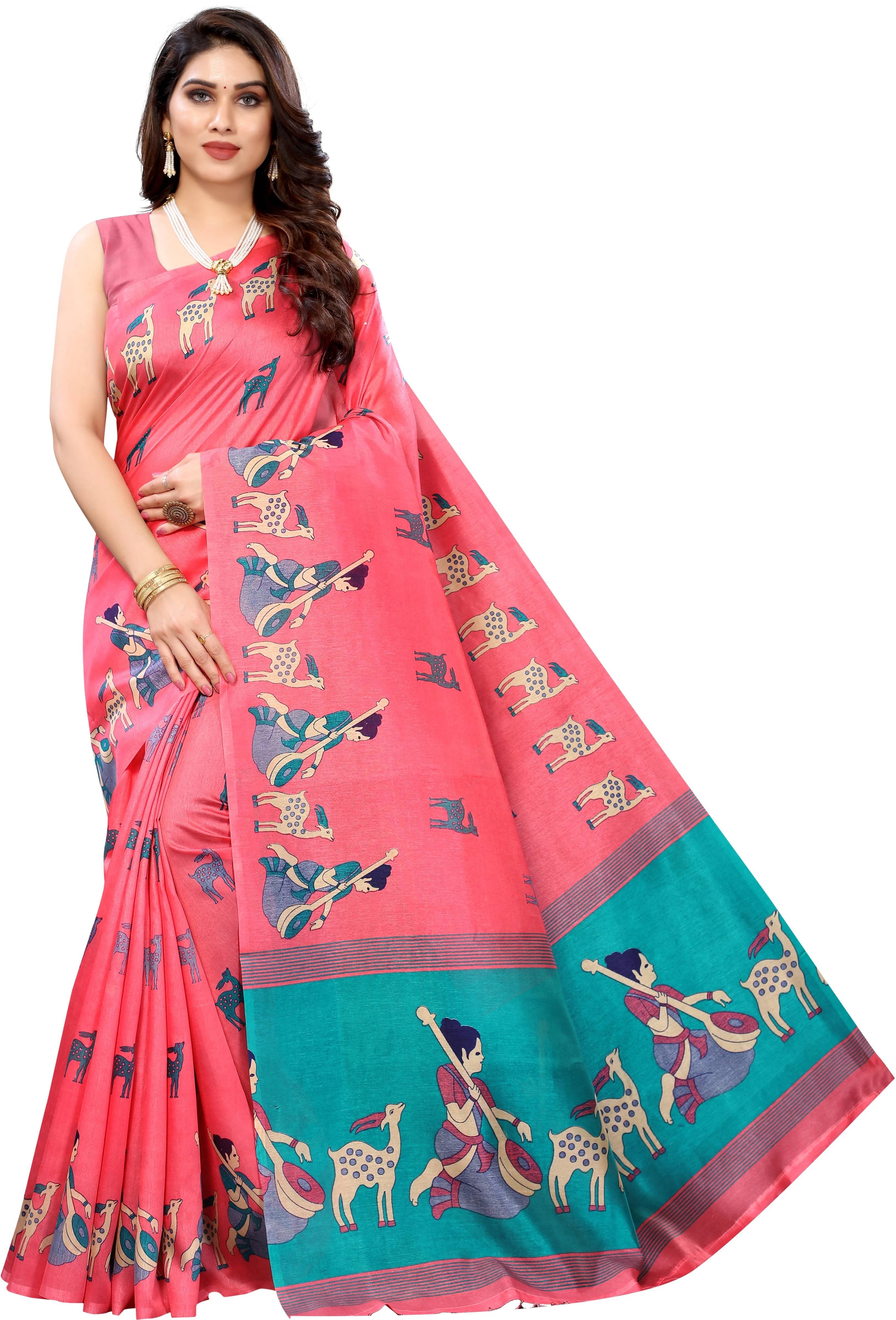     			Yashika Cotton Blend Printed Regular Saree With Unstitched Blouse Piece ( Pink )