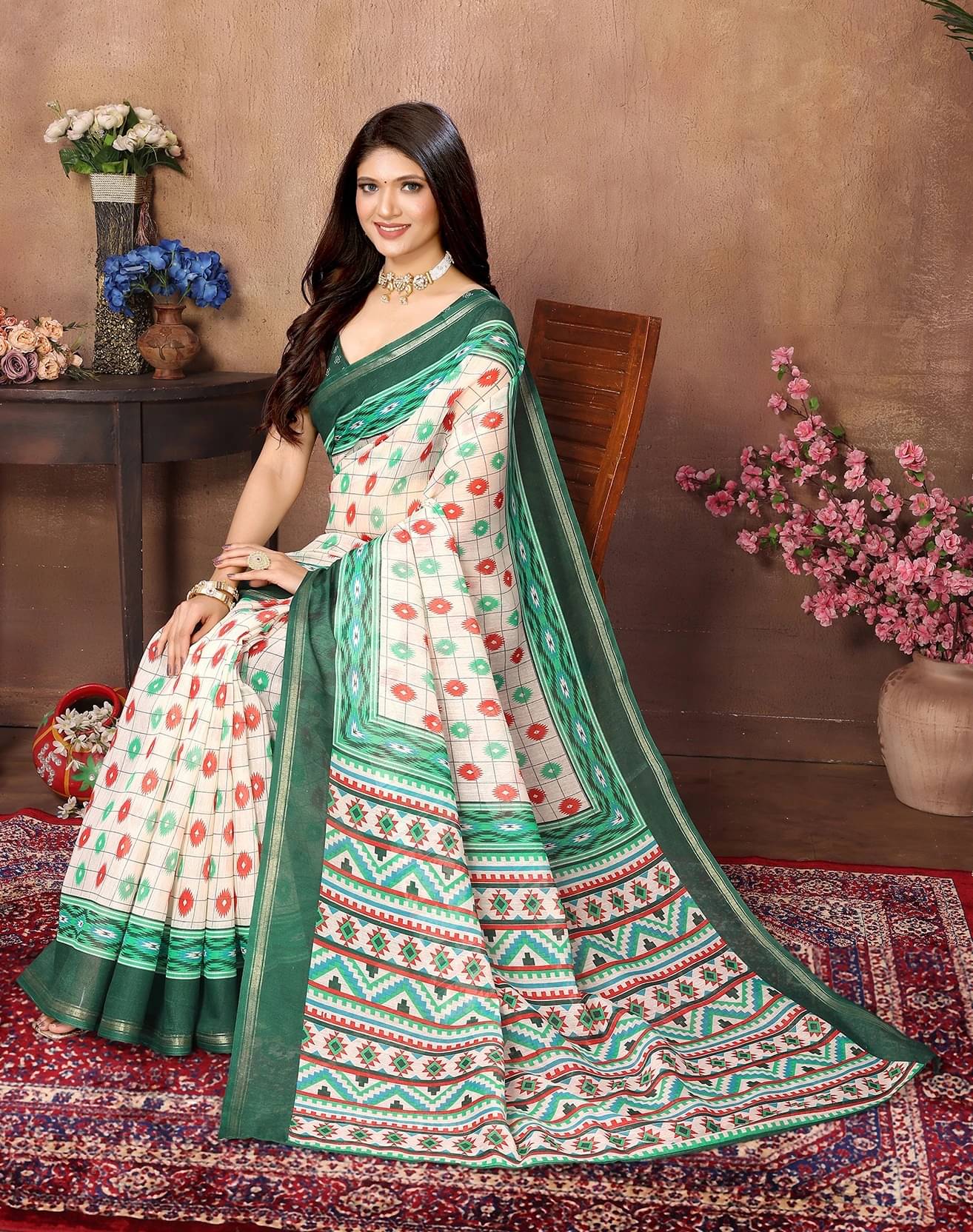     			Yashika Cotton Blend Printed Regular Saree With Unstitched Blouse Piece ( Green )
