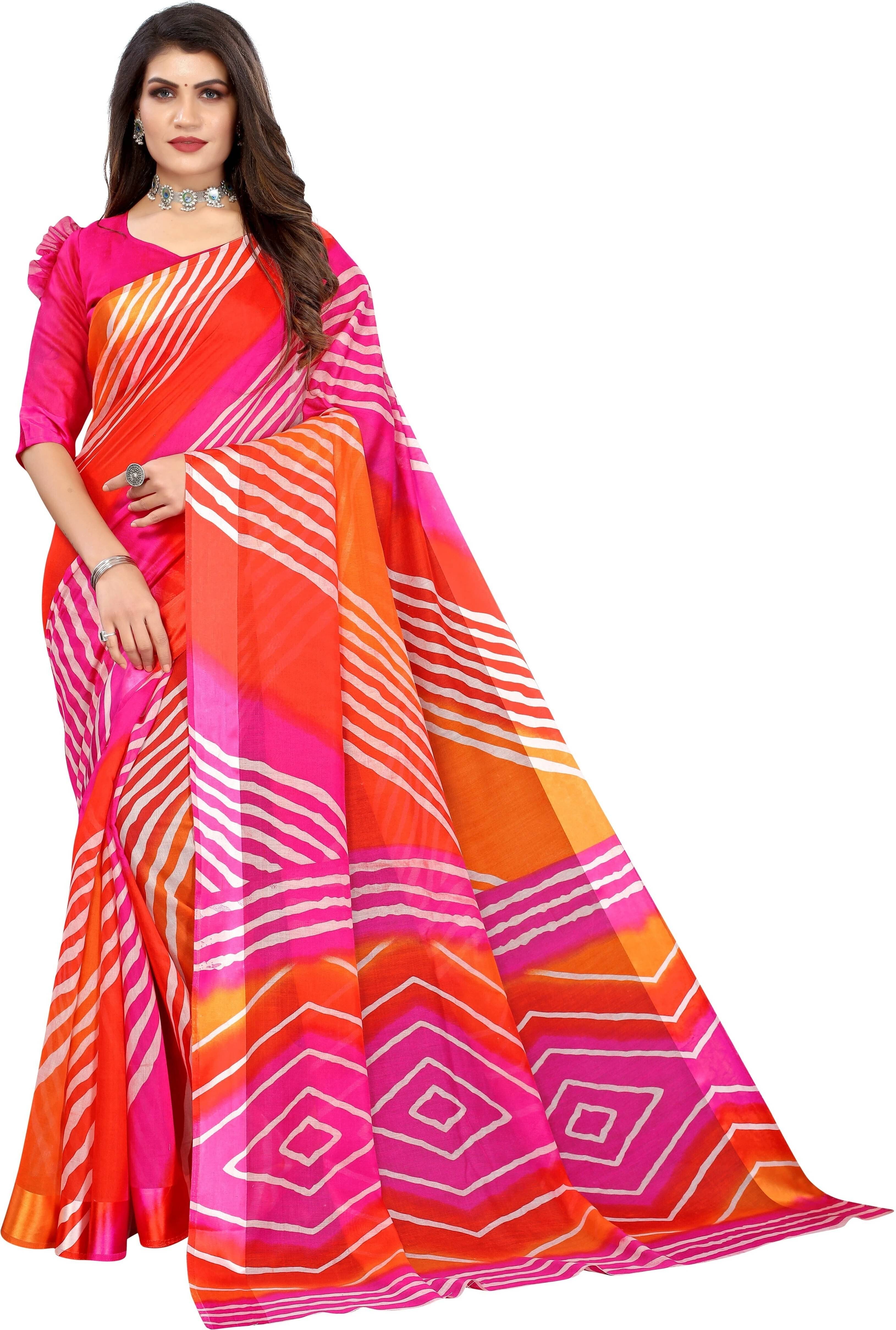 Yashika Cotton Blend Printed Regular Saree With Unstitched Blouse Piece ( Pink ) Yashika Cotton Blend Printed Regular Saree With Unstitched Blouse Piece ( Pink )