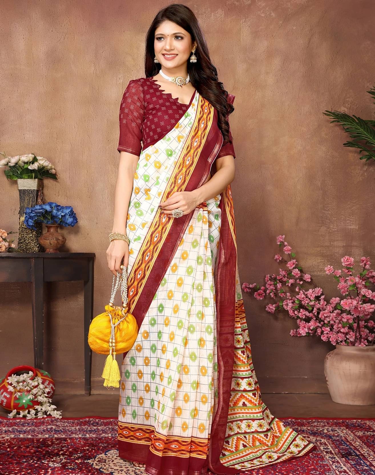 Yashika Cotton Blend Printed Regular Saree With Unstitched Blouse Piece ( Maroon )     			Yashika Cotton Blend Printed Regular Saree With Unstitched Blouse Piece ( Maroon )