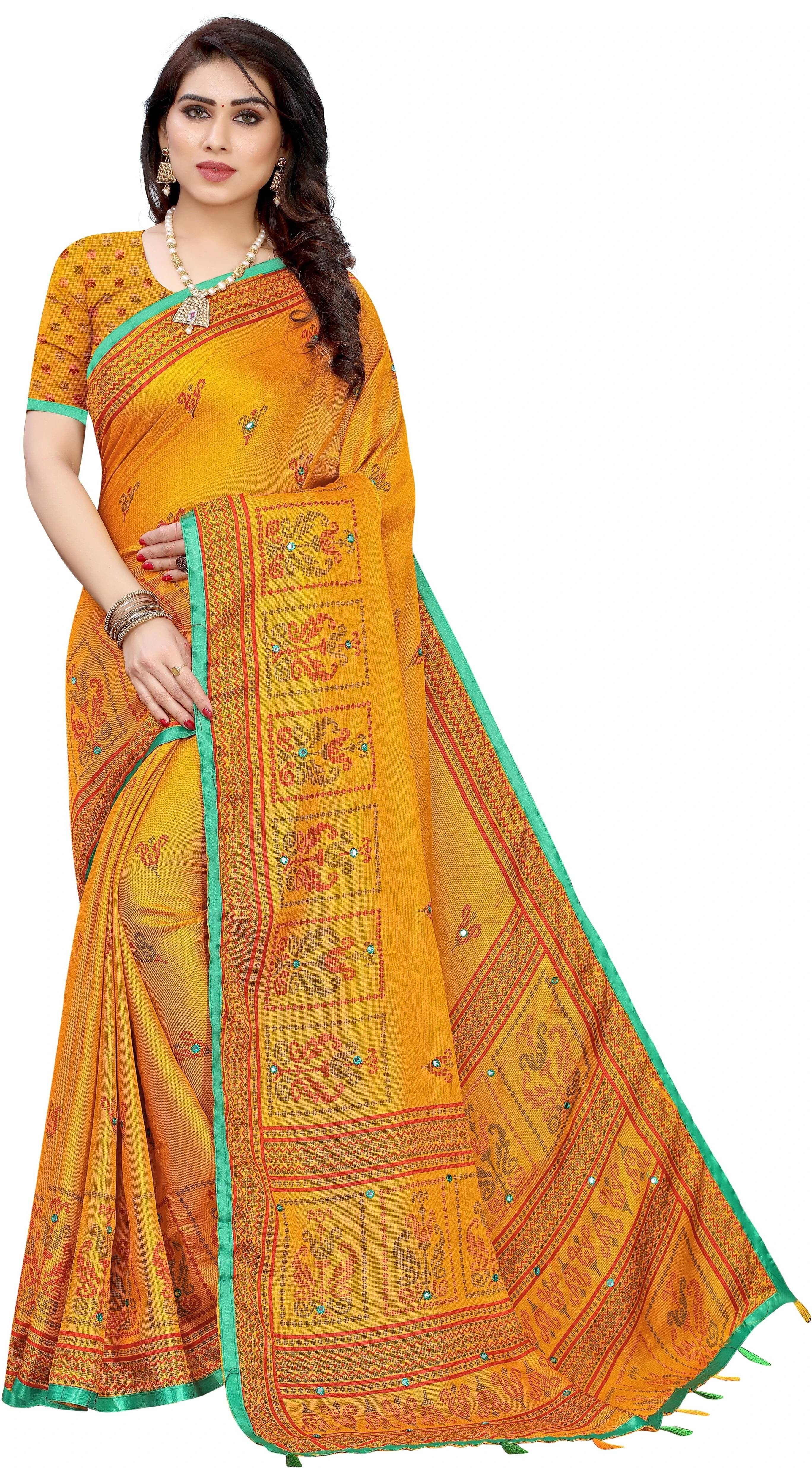     			Yashika Cotton Blend Printed Regular Saree With Unstitched Blouse Piece ( Mustard )