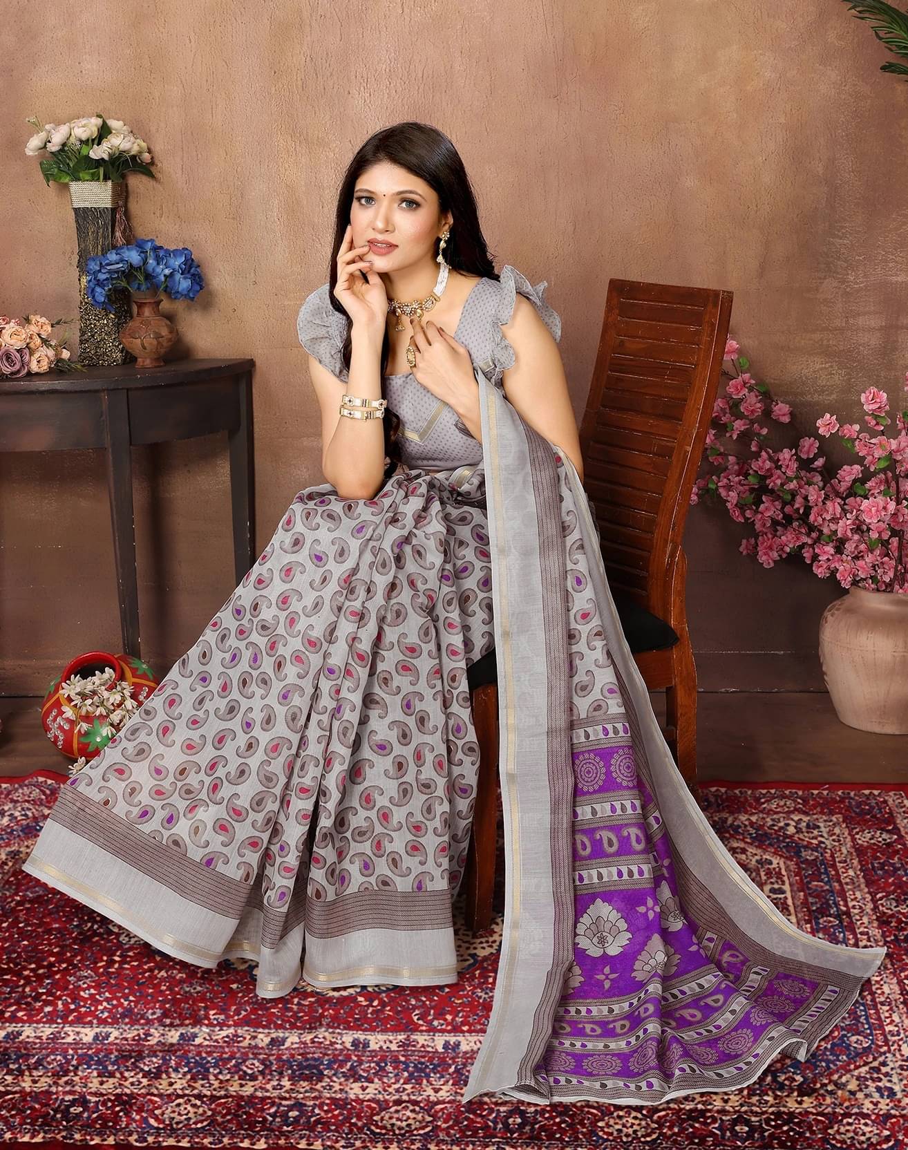Yashika Cotton Blend Printed Regular Saree With Unstitched Blouse Piece ( Grey )     			Yashika Cotton Blend Printed Regular Saree With Unstitched Blouse Piece ( Grey )
