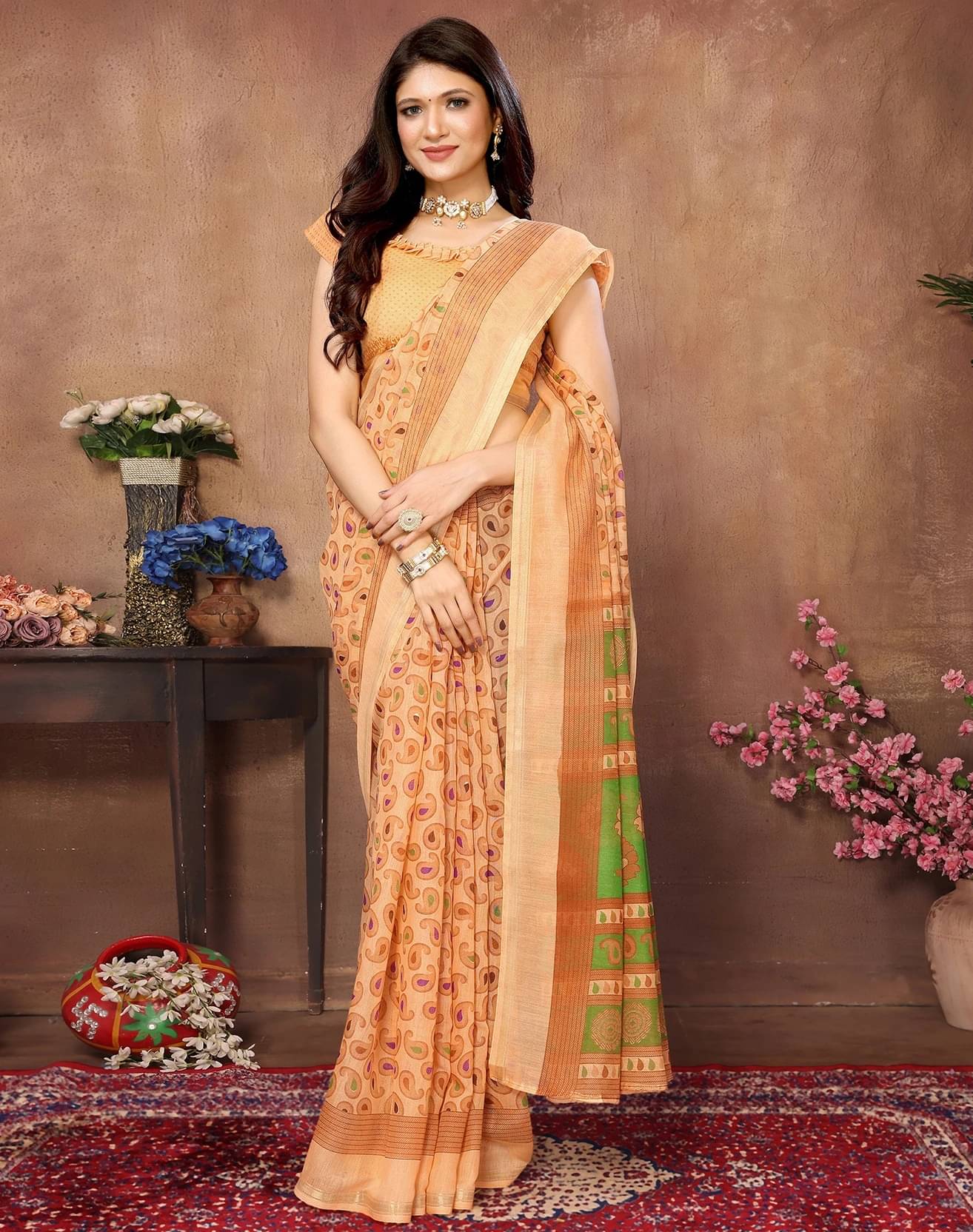     			Yashika Cotton Blend Printed Regular Saree With Unstitched Blouse Piece ( Orange )